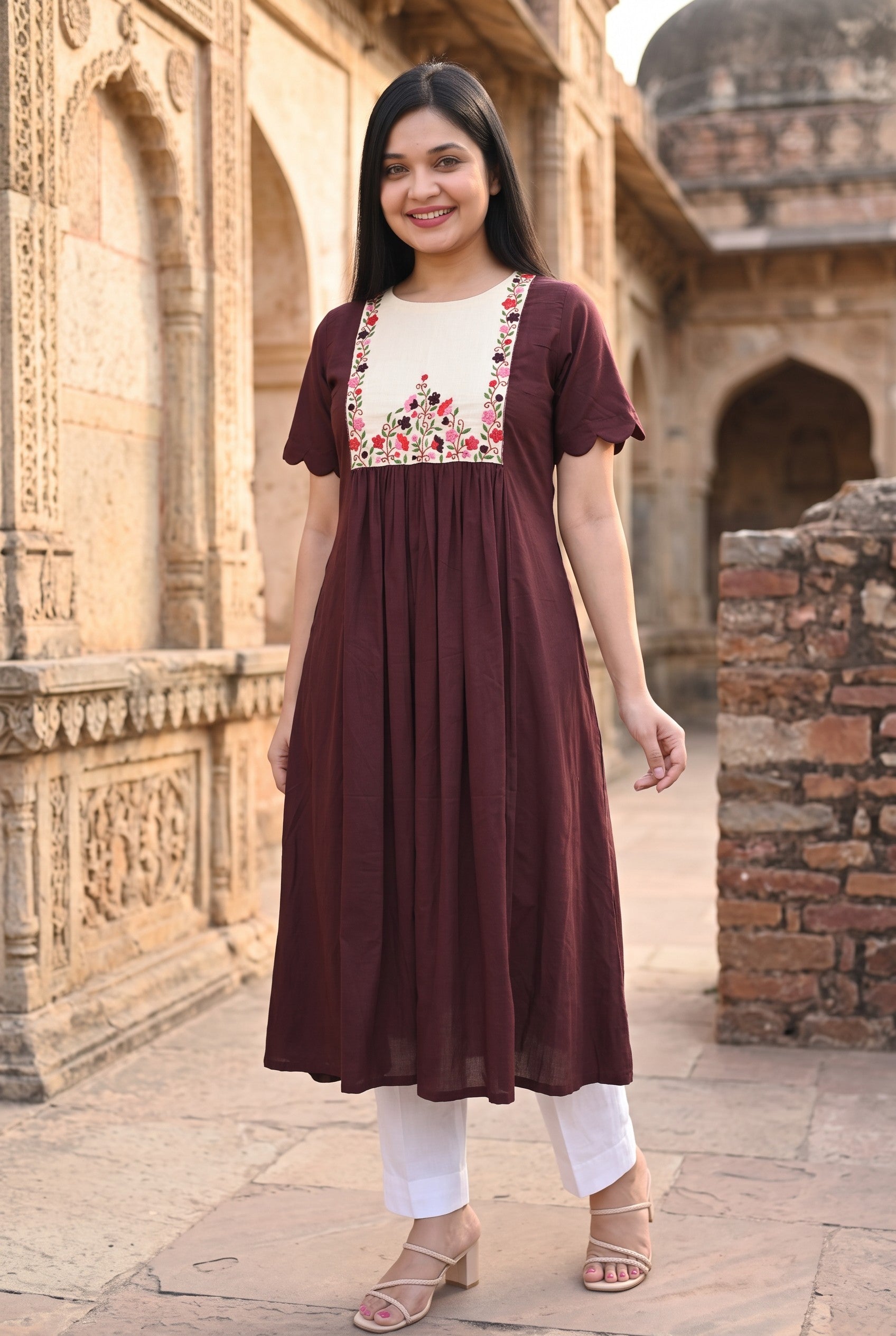 Chocolate Colour Cotton Hand Embroidered A-Line Kurta