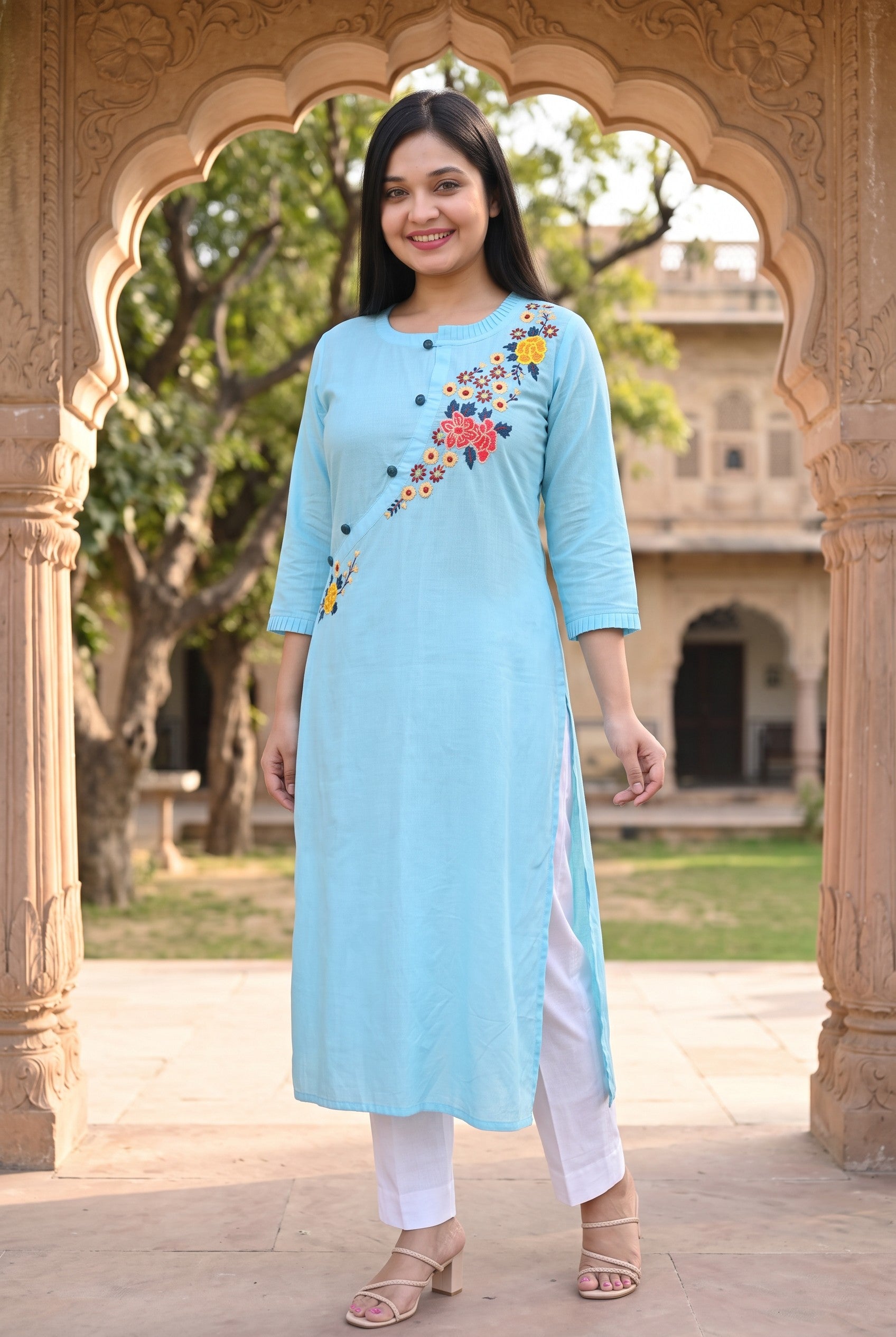 Sky Blue Colour Cotton Hand Emboidered Kurta