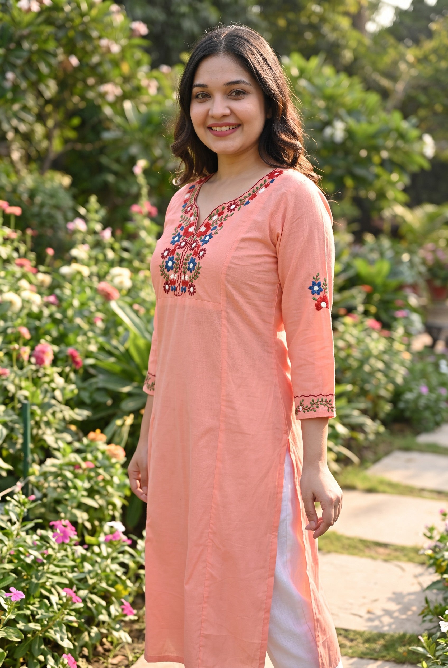 Peach Colour Cotton Hand Embroidered Kurta