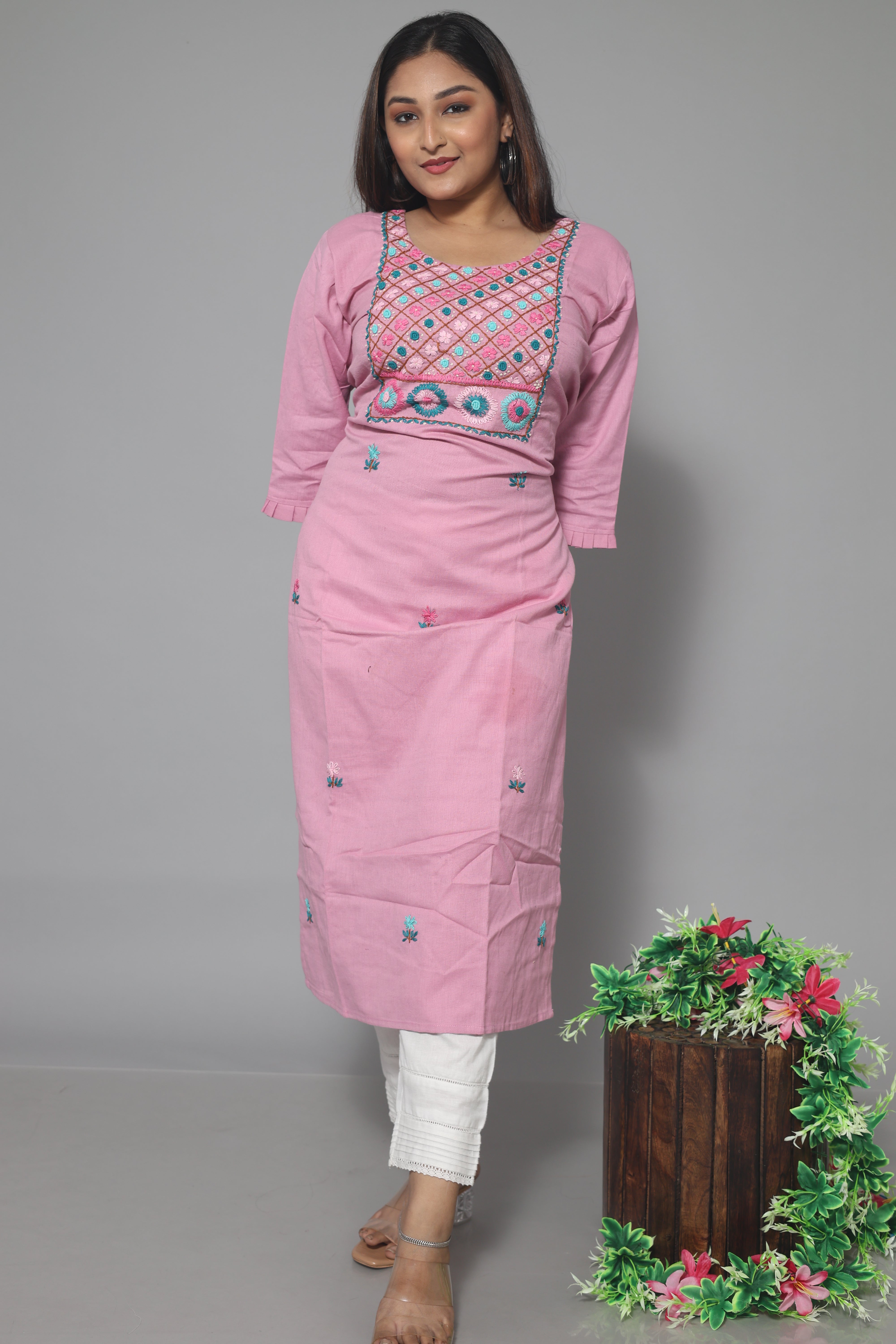 Light pink cotton kurta with handwork for women