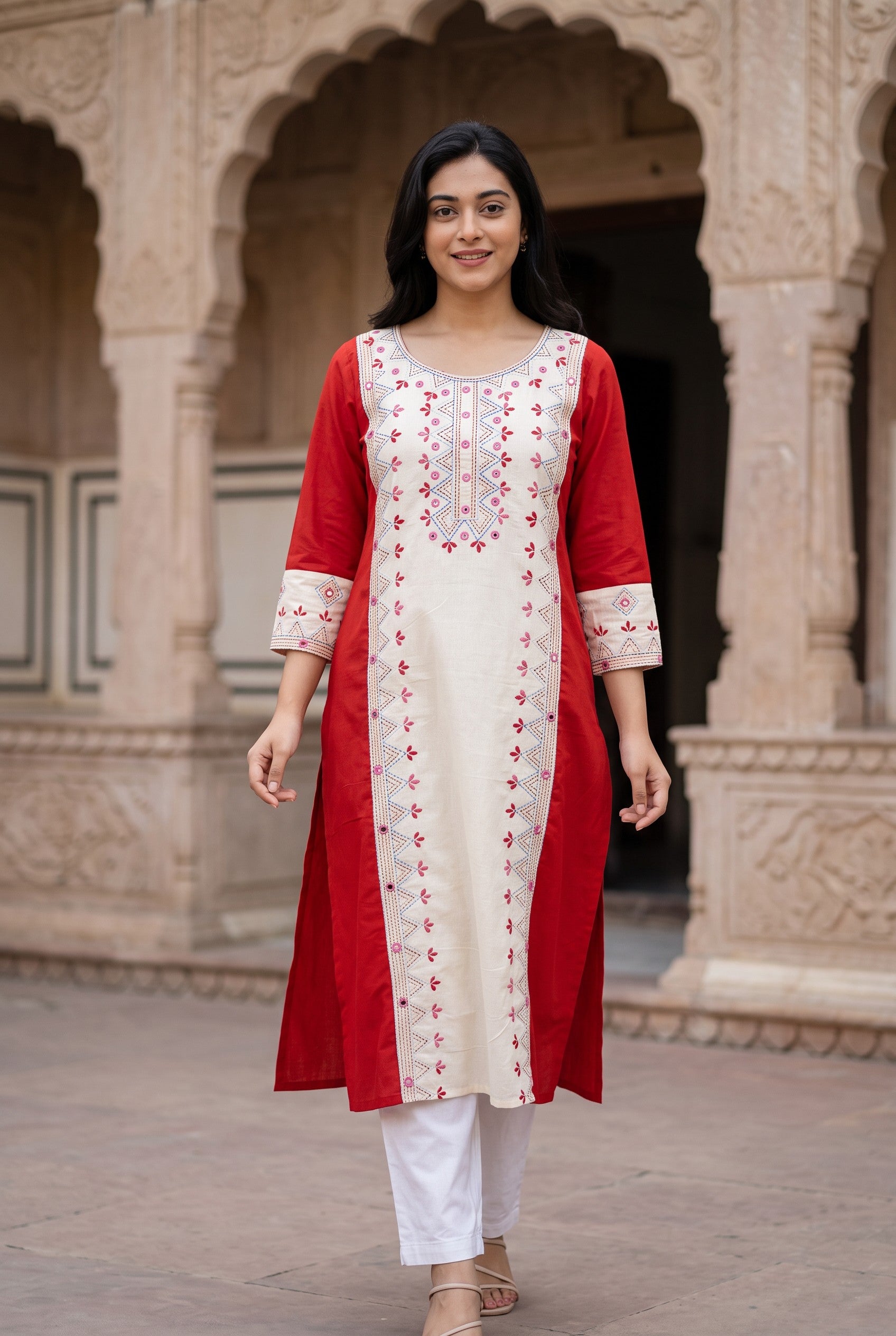 Off White-Red Cotton Hand Embroidered Kurta