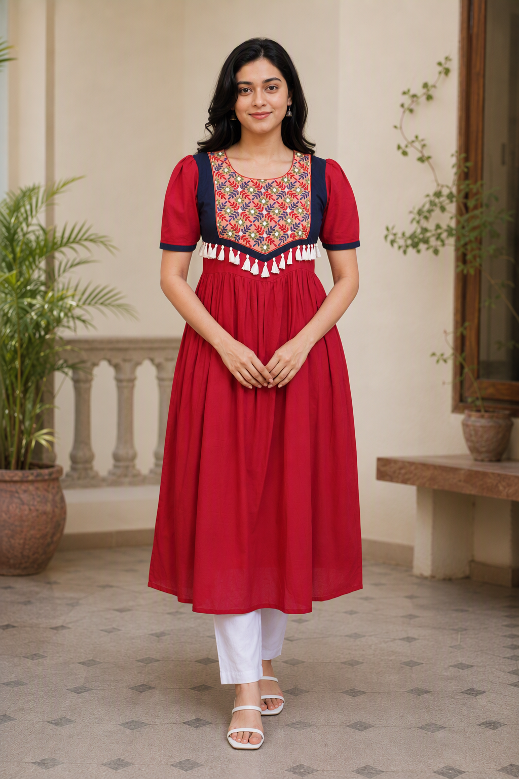 Berry Color Hand Emboidered Cotton Kurta