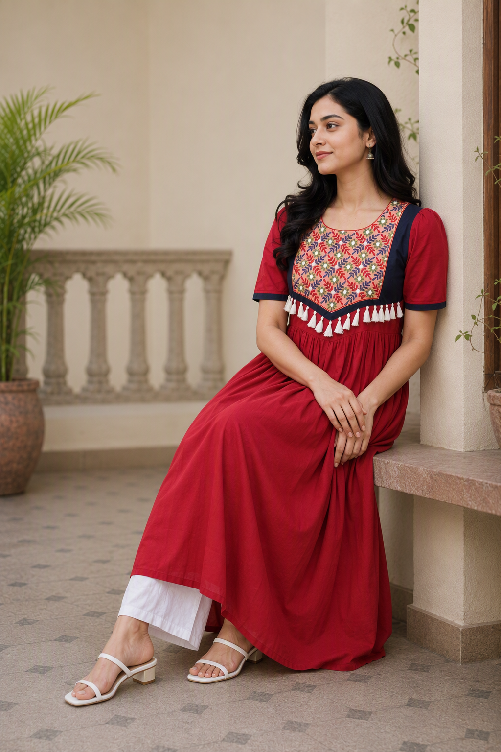 Berry Color Hand Emboidered Cotton Kurta