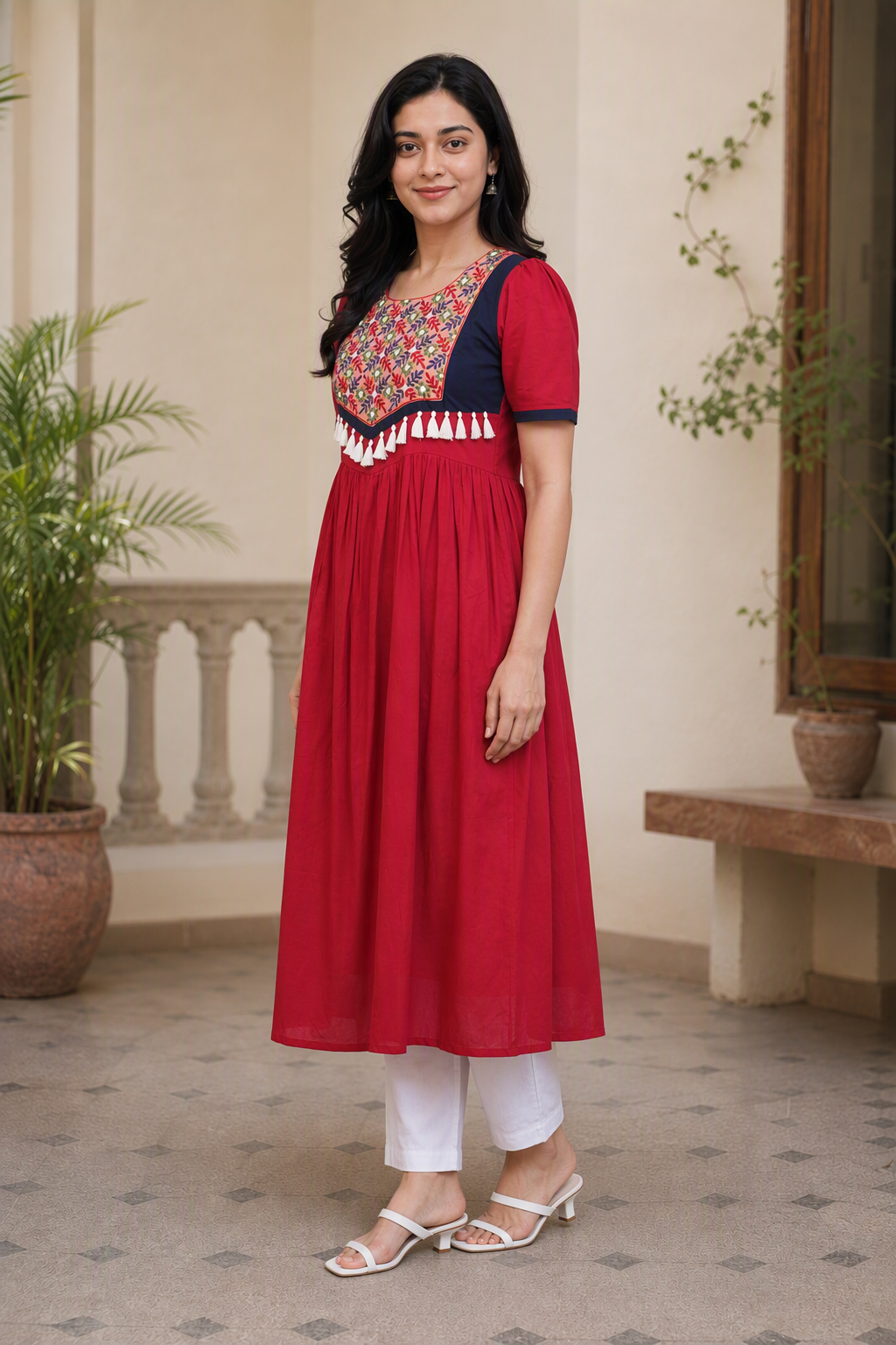 Berry Color Hand Emboidered Cotton Kurta