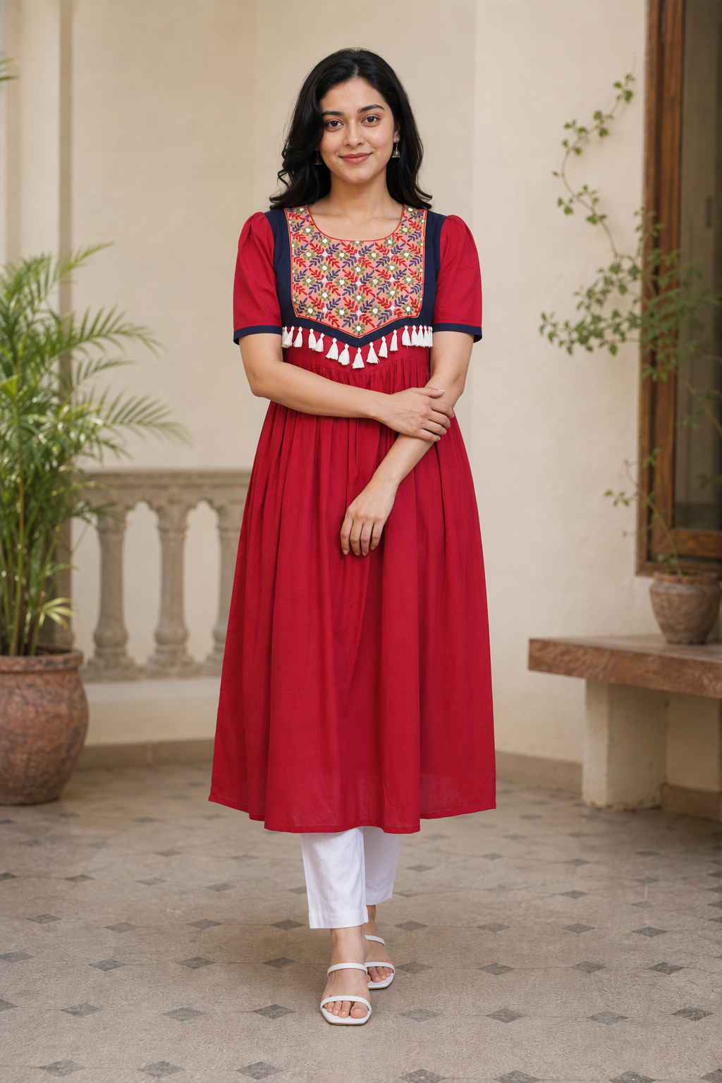 Berry Color Hand Emboidered Cotton Kurta