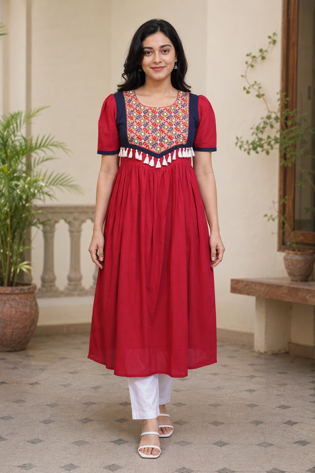 Berry Color Hand Emboidered Cotton Kurta