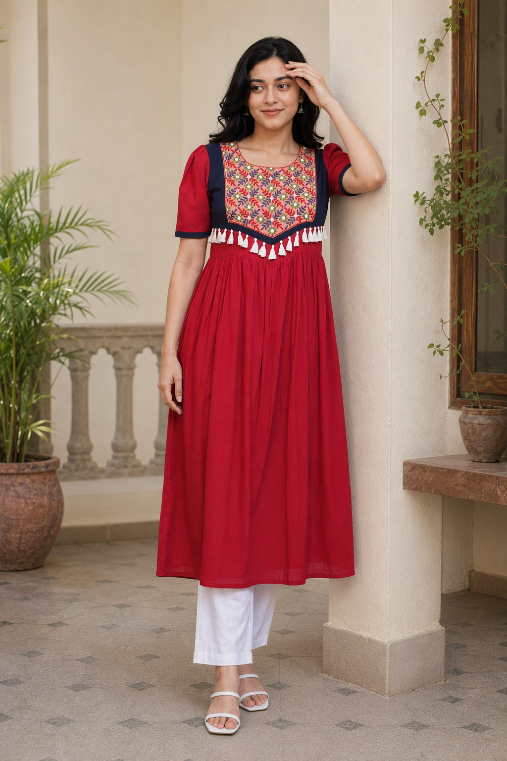 Berry Color Hand Emboidered Cotton Kurta