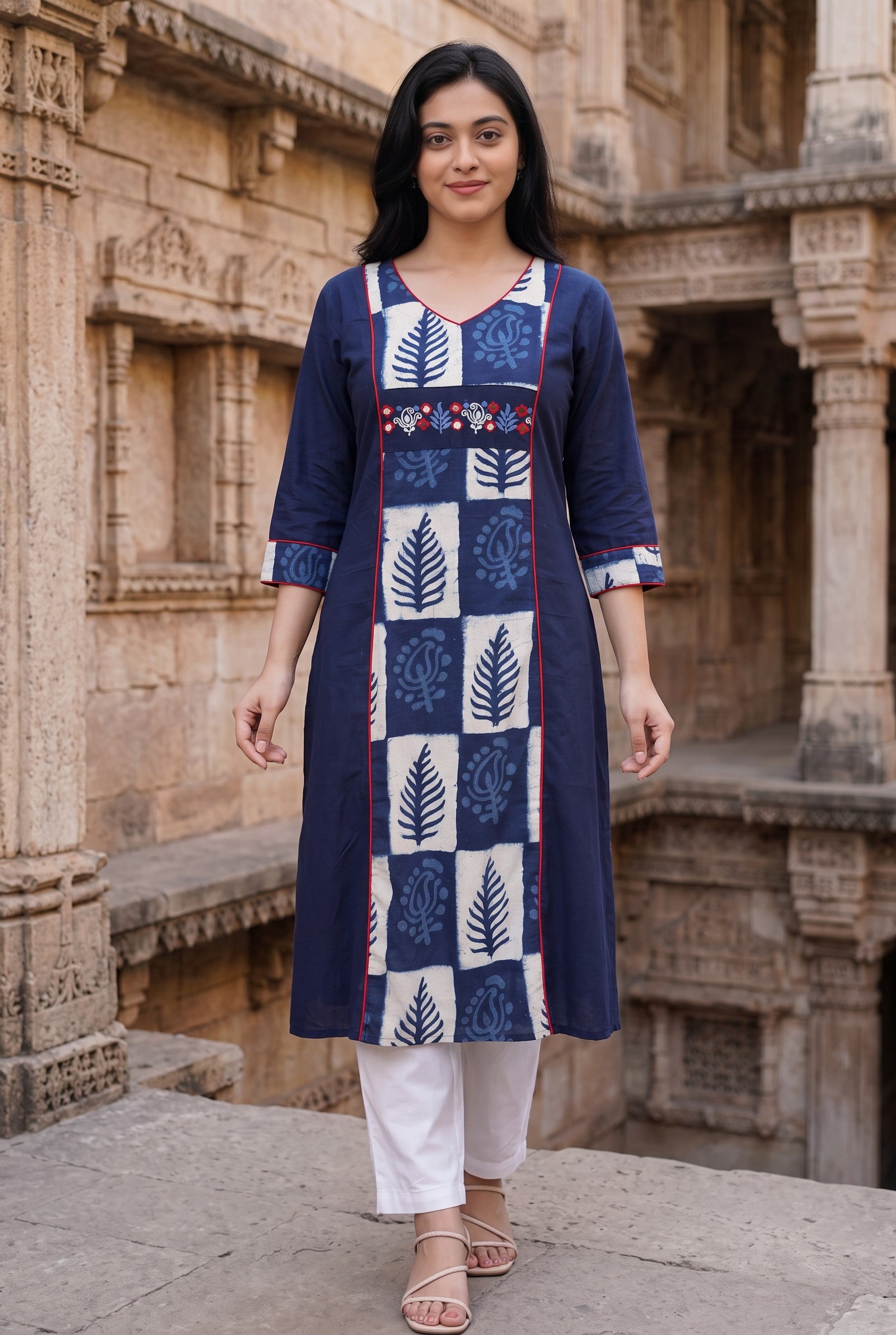 Indigo Hand Block Print With Hand Embroidery Cotton Kurta