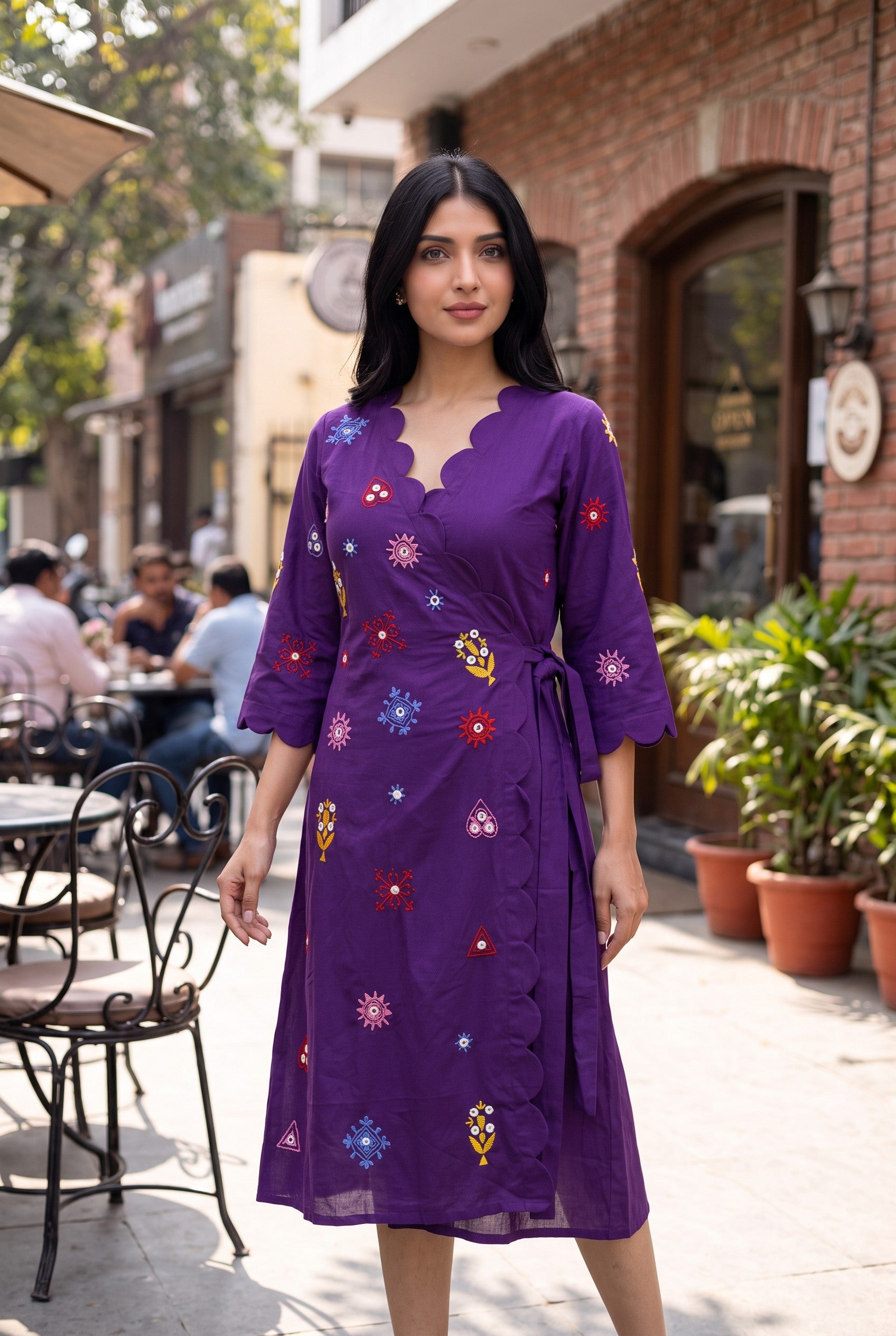 Purple Hand Embroidery With Mirror Work Wrap Dress