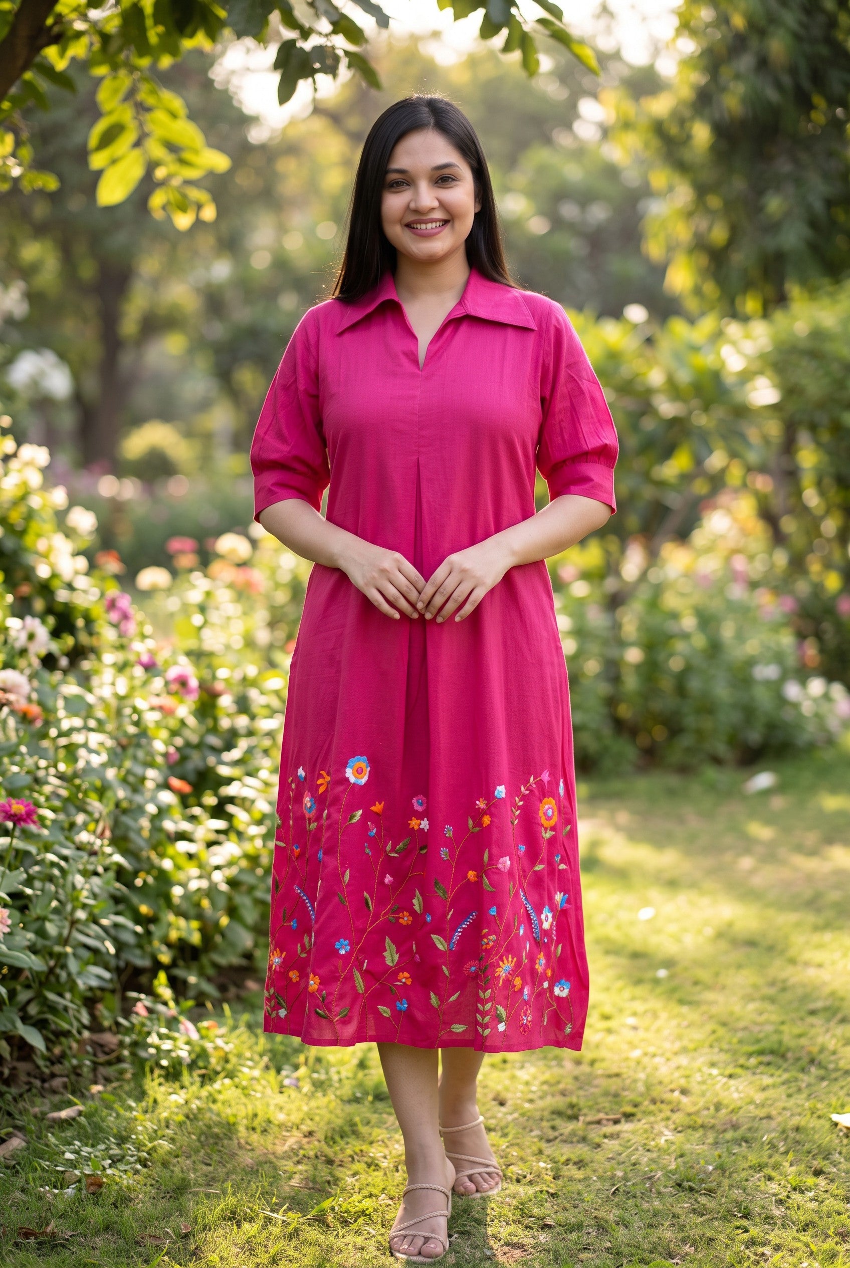 Pink Colour Hand Embroidered Midi Dresses
