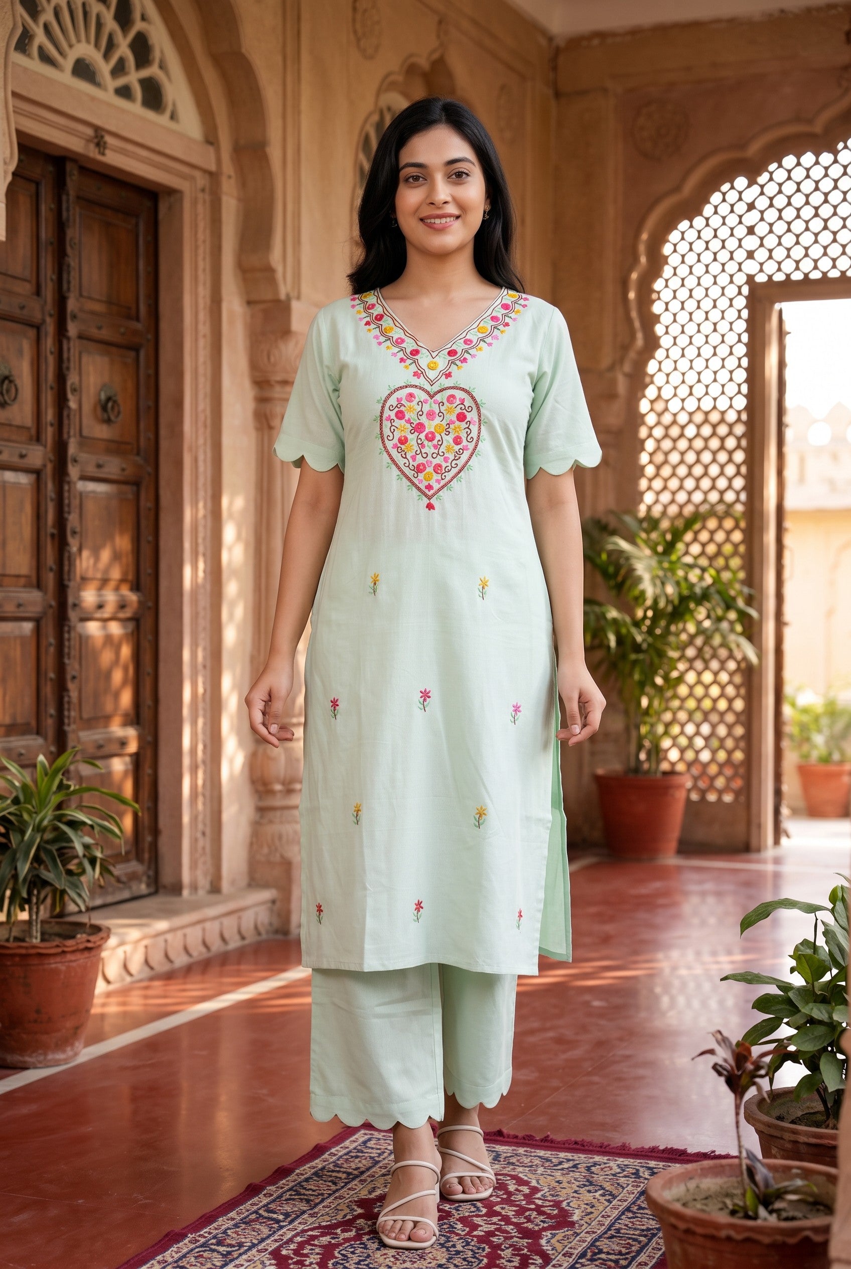 Pastel Mint Hand Embroidered Cotton Co-ord Sets