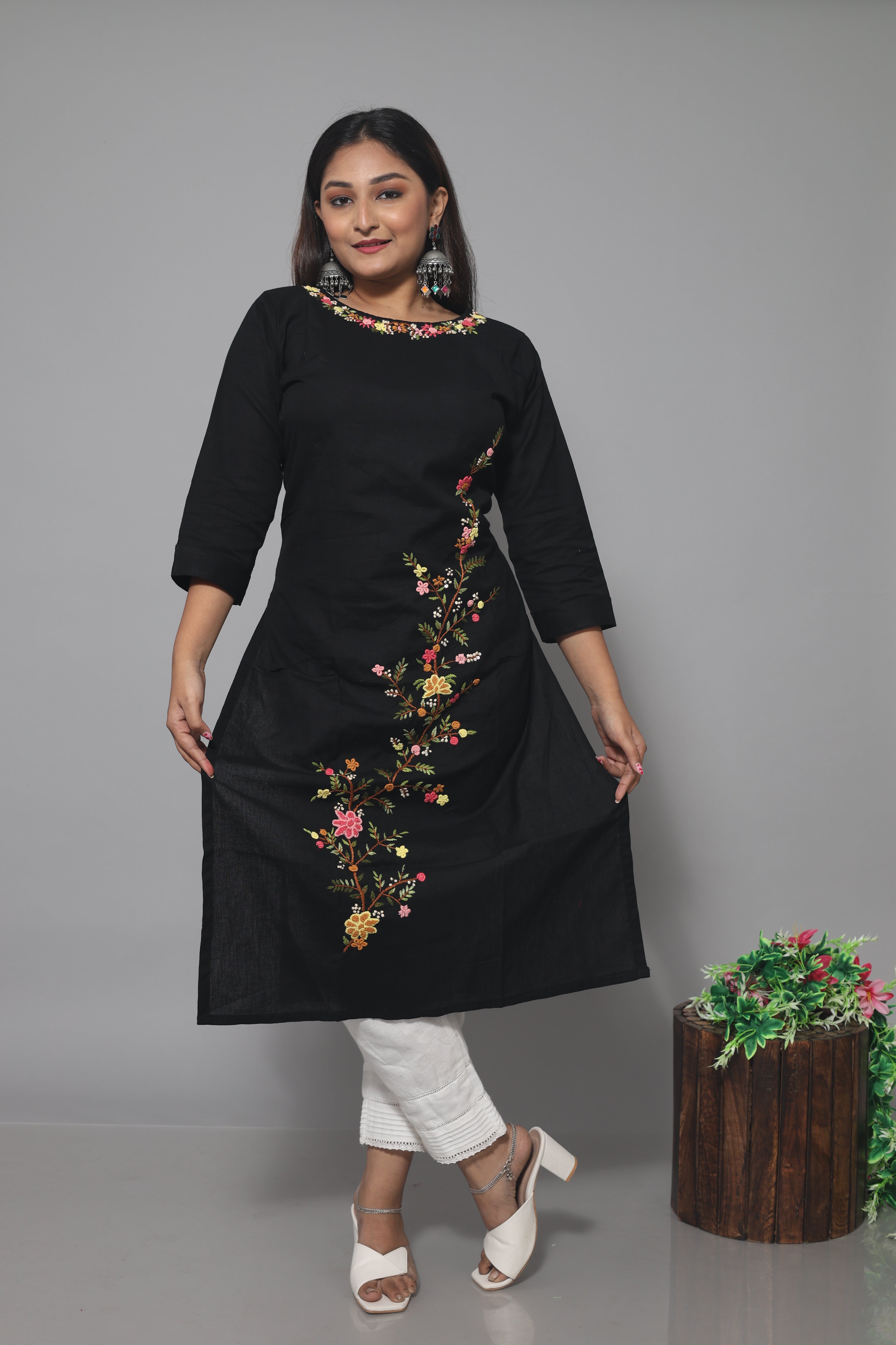 Black cotton kurta with intricate handwork for women