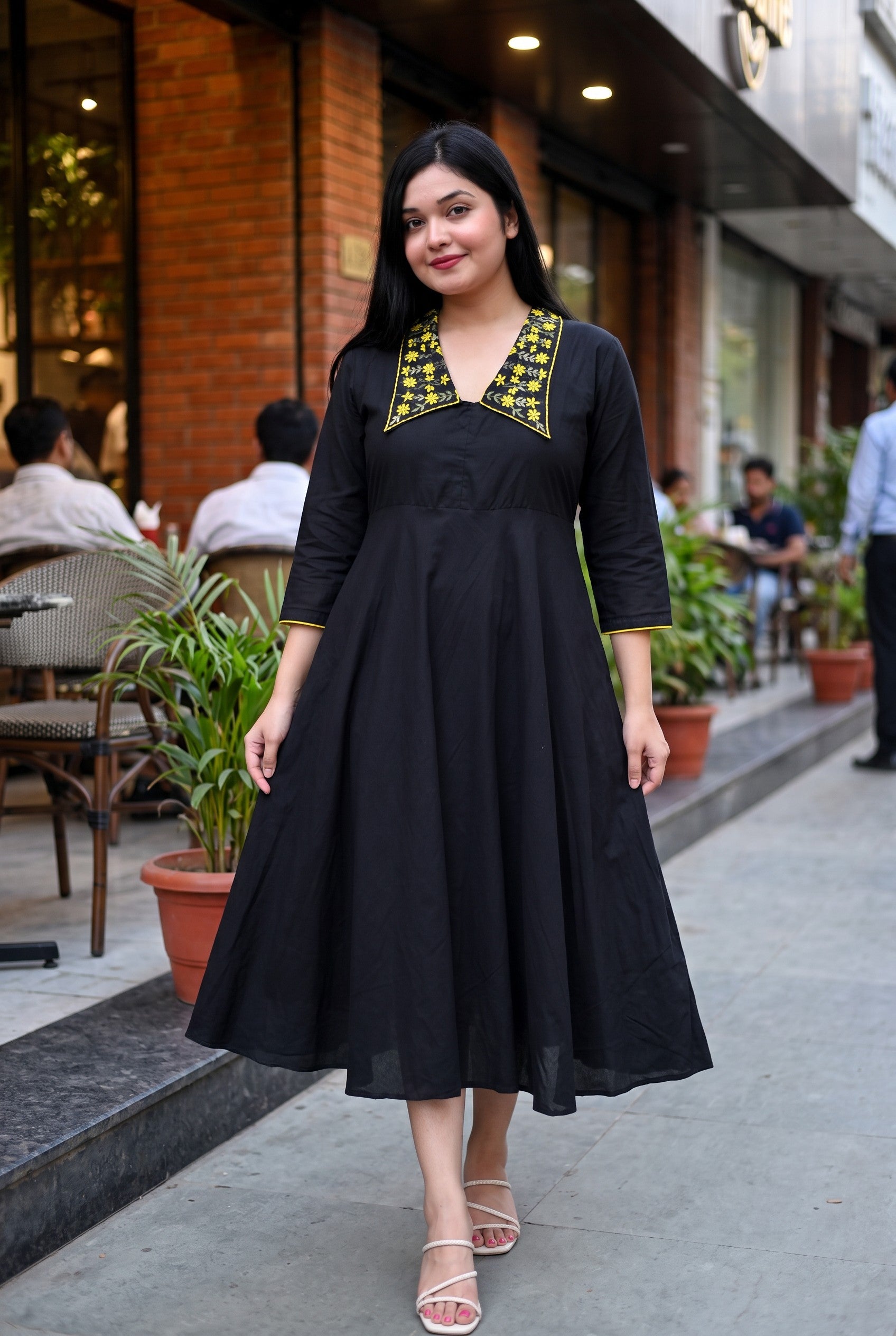Hand Embroidered Black Colour Cotton Midi Dress
