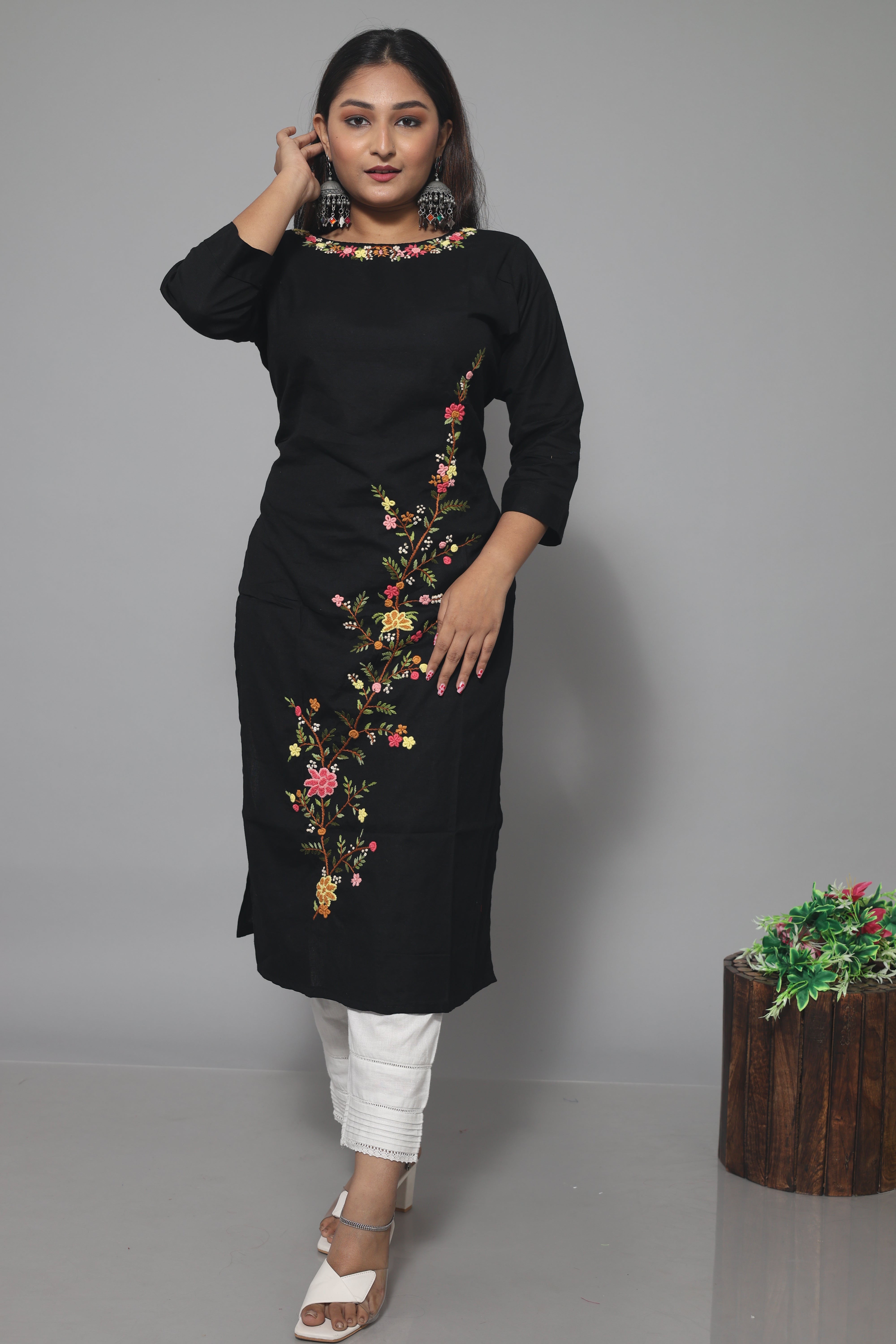 Black Cotton Handwork Kurta