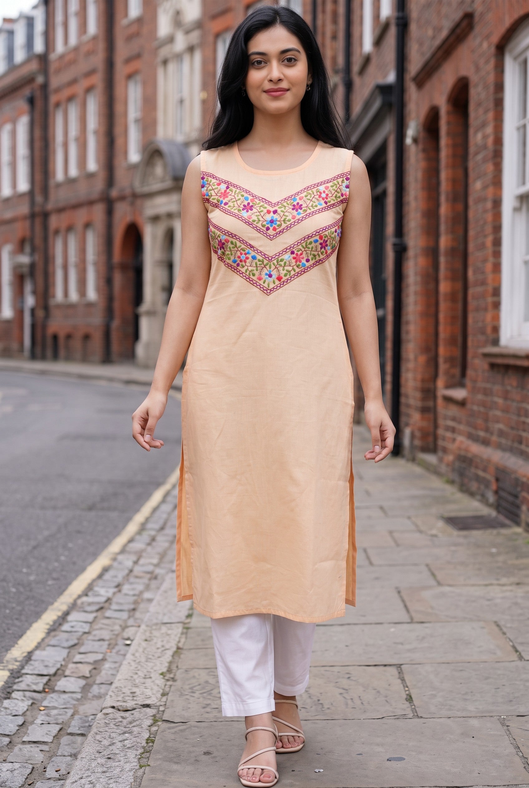 Peach Color Hand Embroidered Cotton Kurta