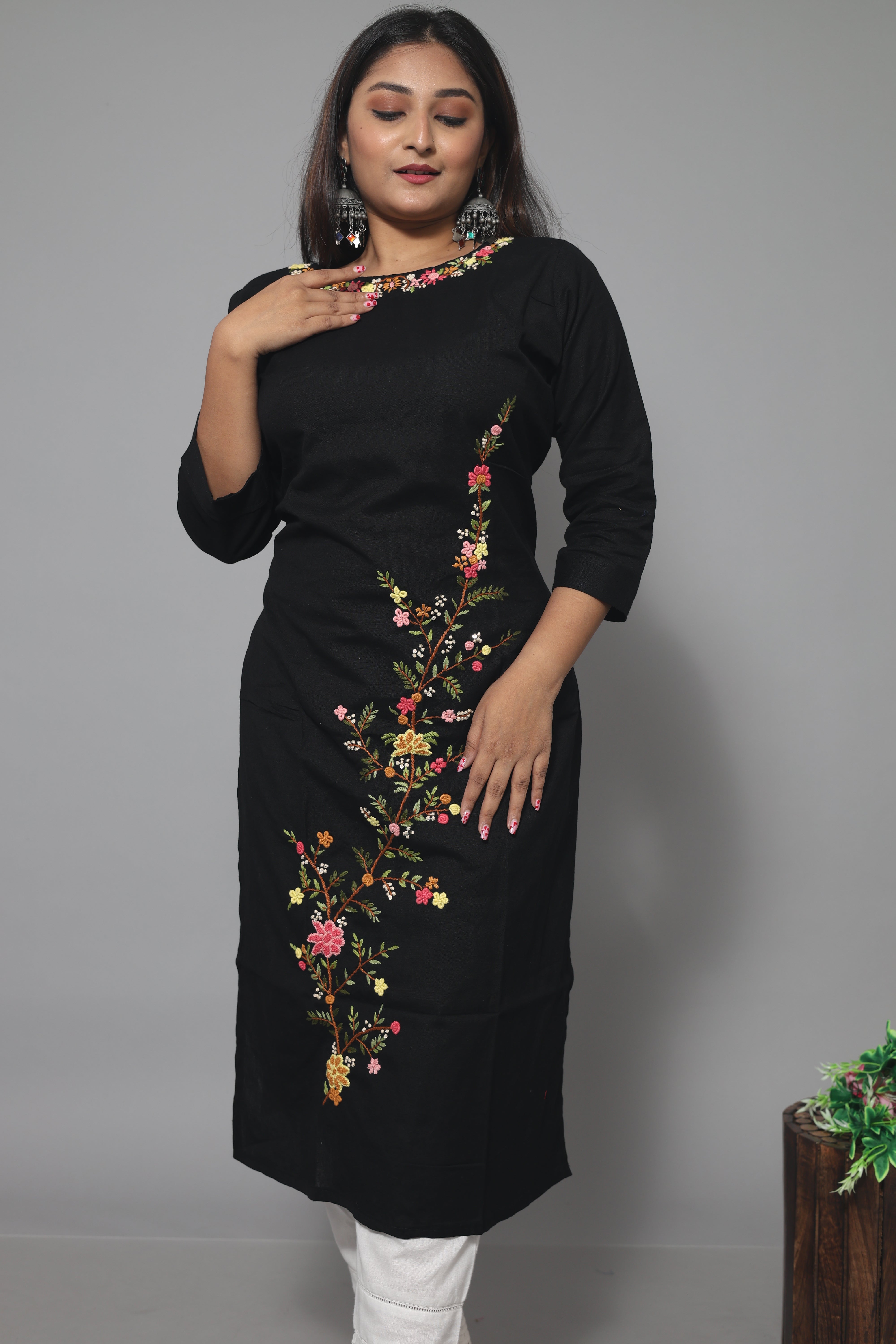 Black Cotton Handwork Kurta