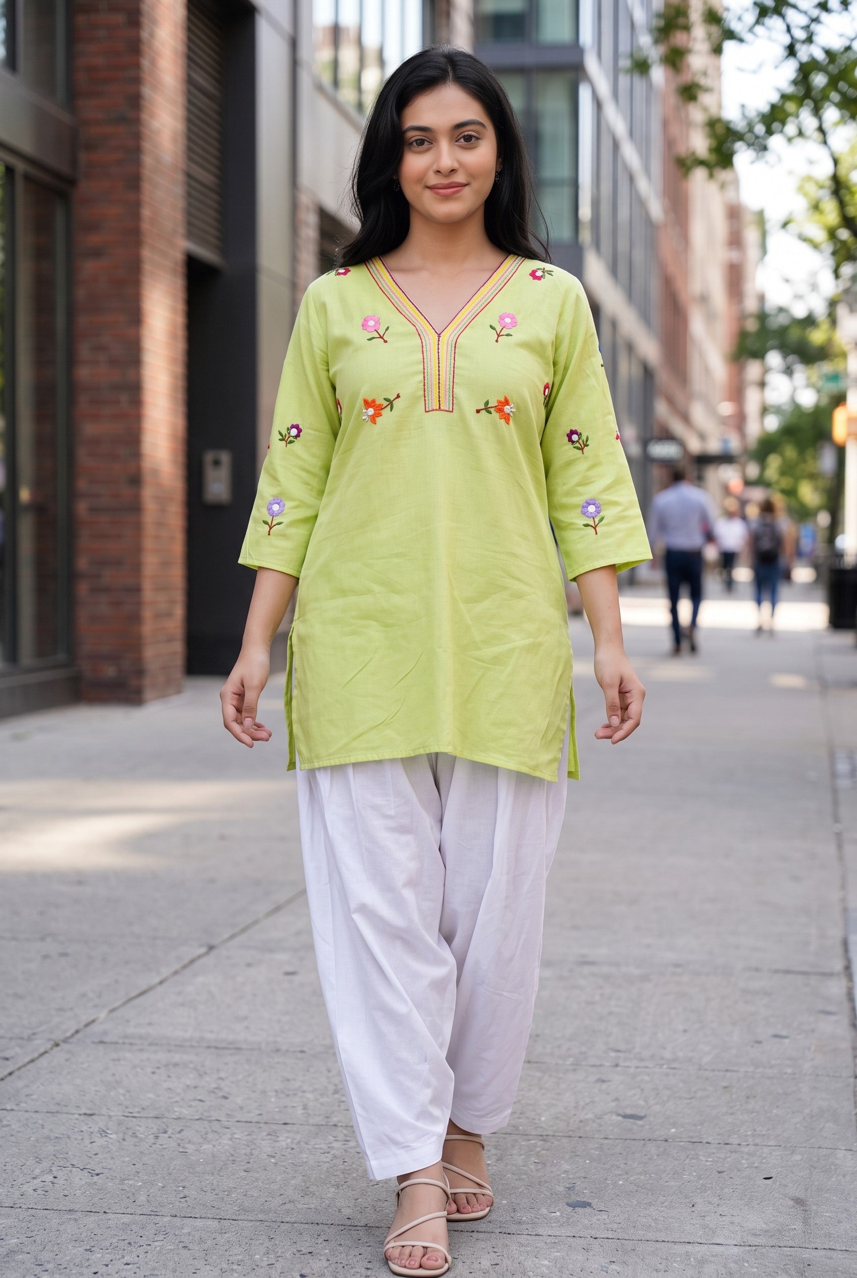 Lemon Green Colour Hand Embroidered Short Kurti