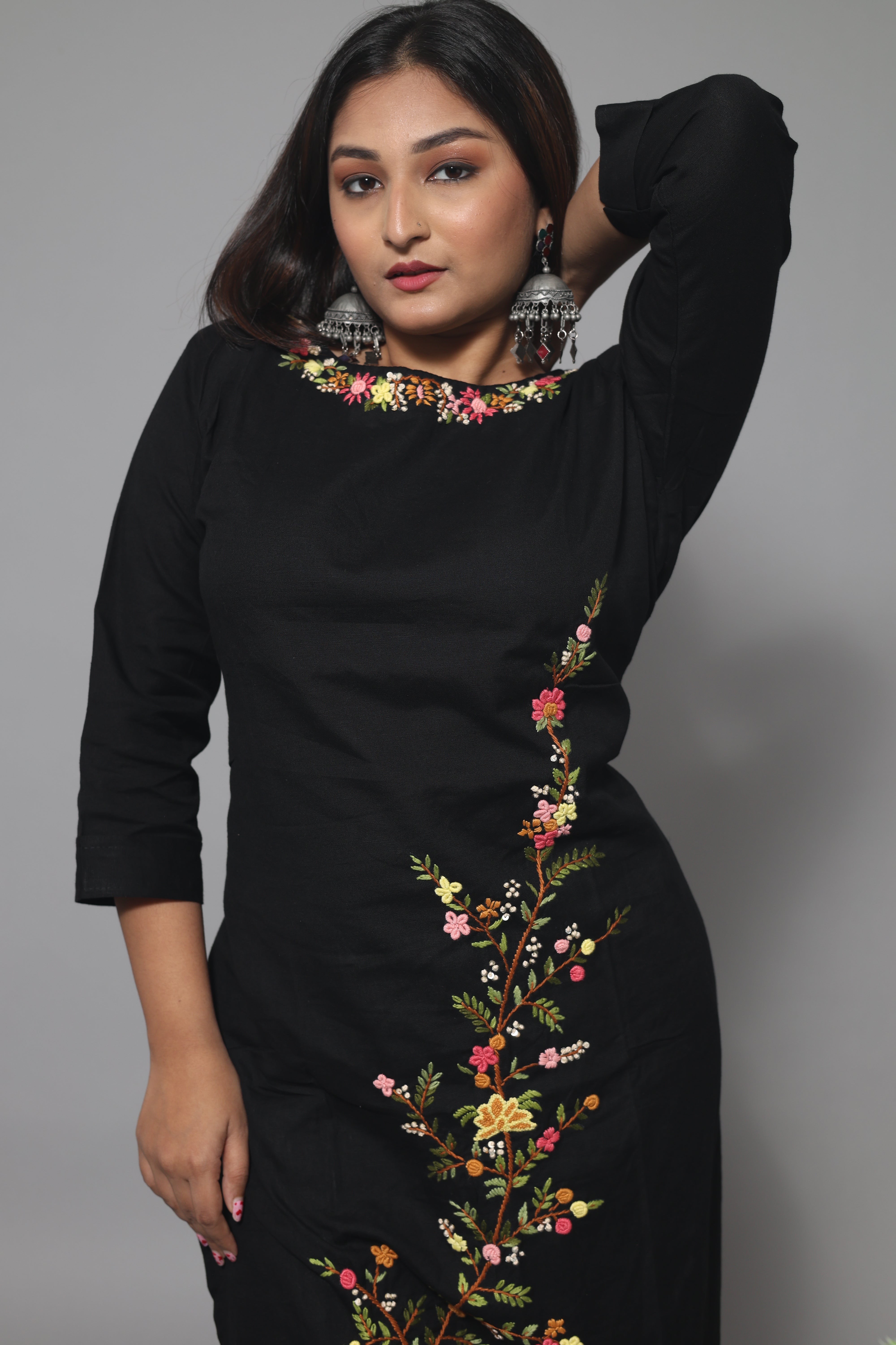 Black Cotton Handwork Kurta