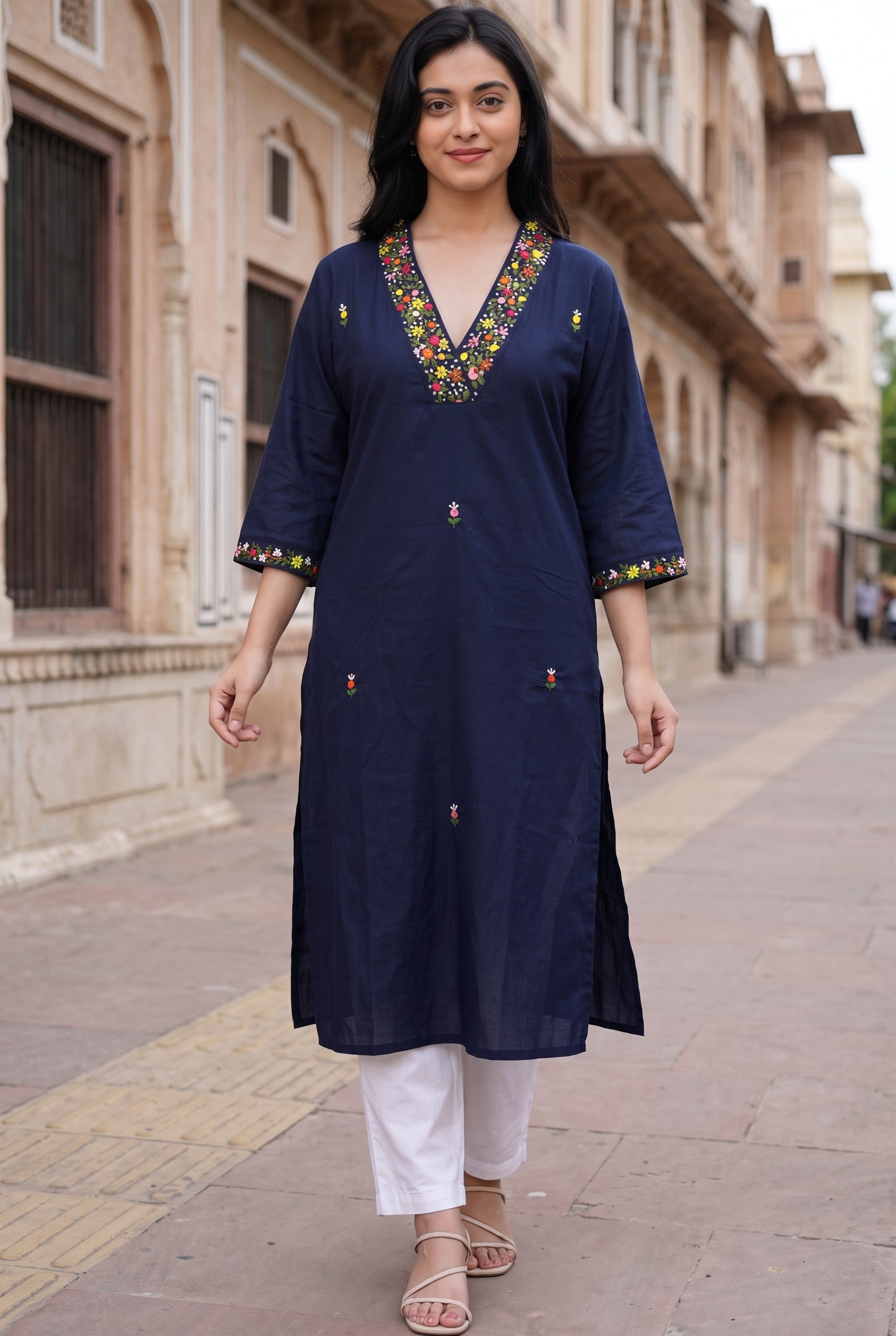 Mid Night Blue Cotton Hand Embroidery Kurta