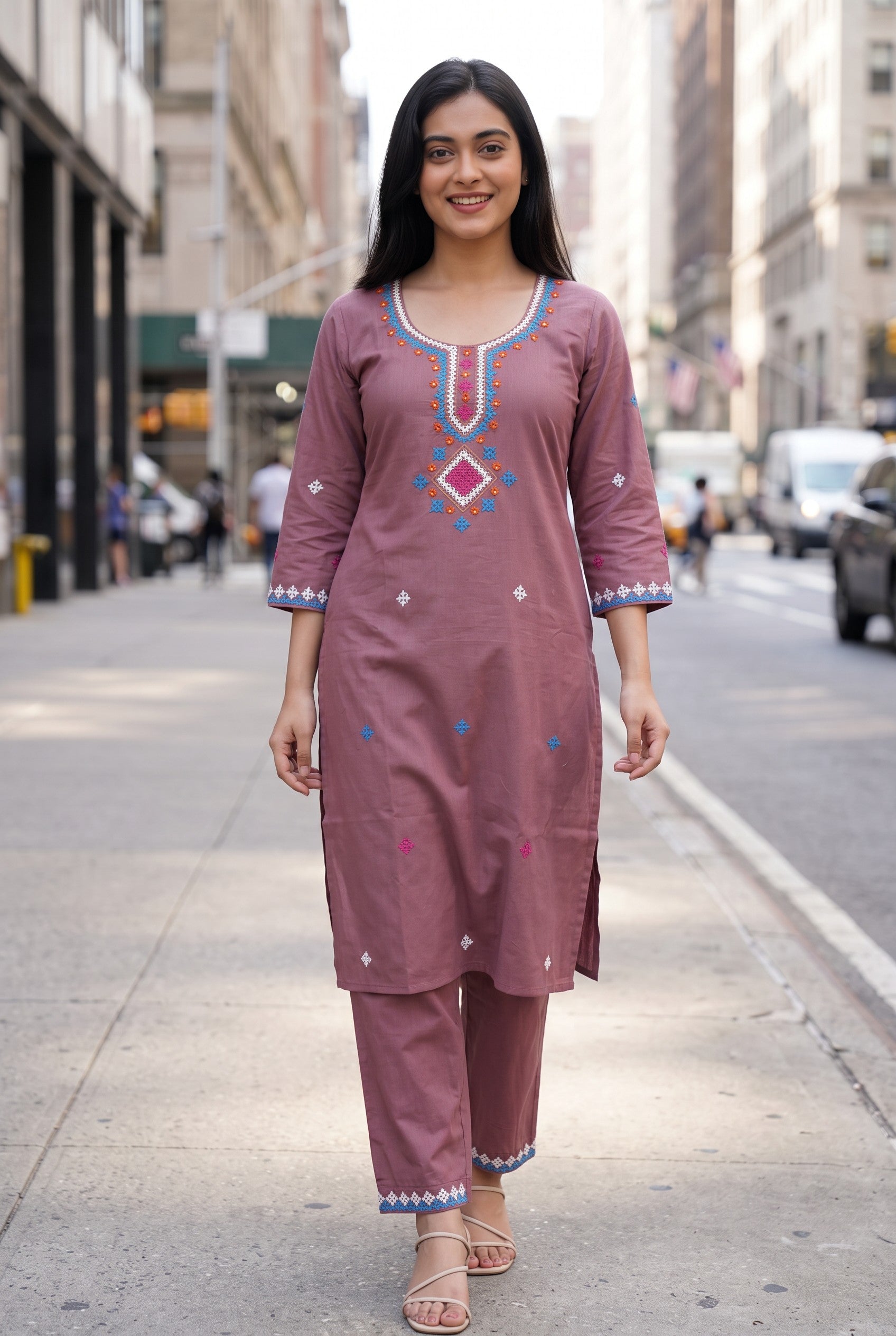 Onion Pink Kutch Hand Emroidered Cotton Co-ord Sets