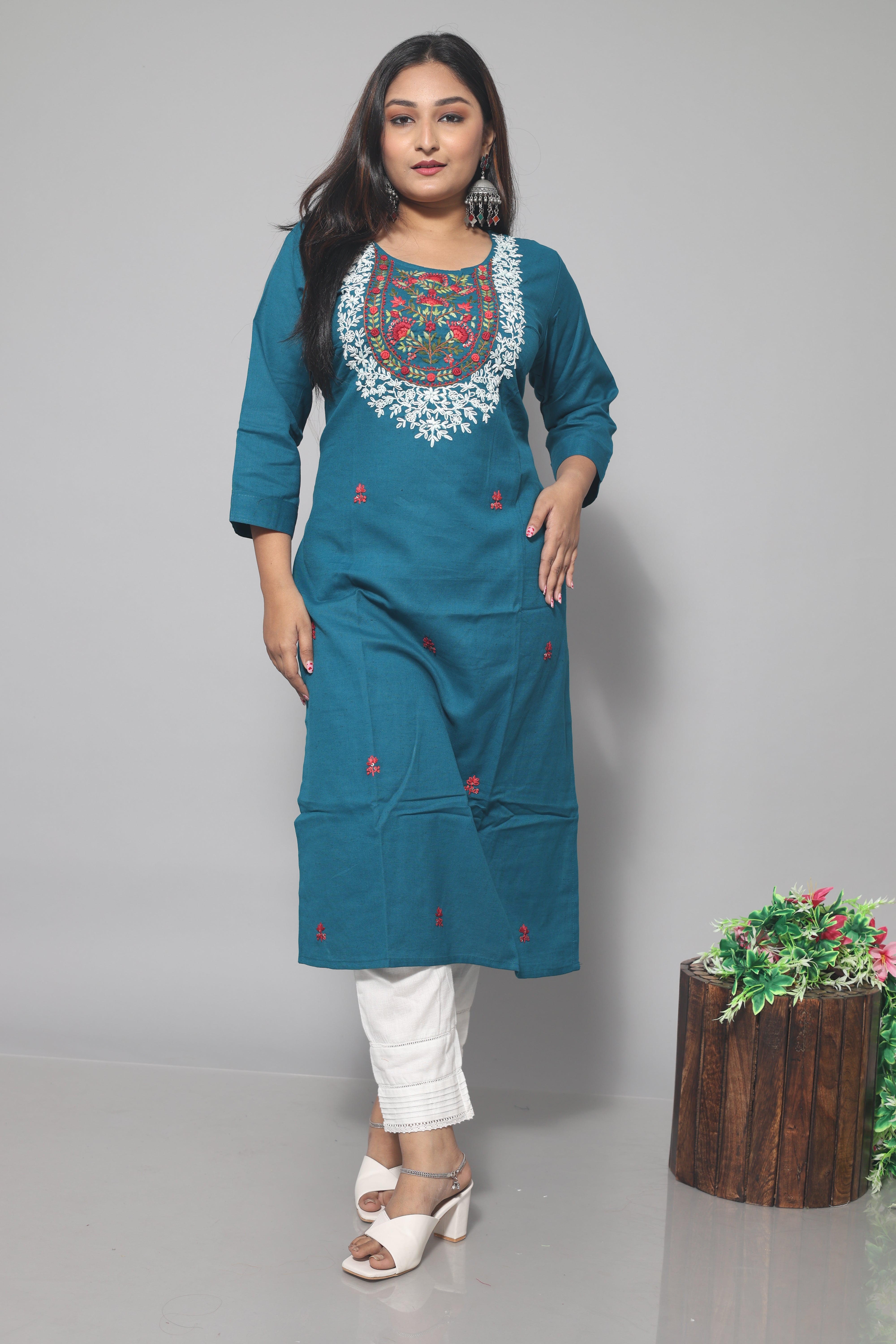Turquoise Blue Cotton Handwork Kurta
