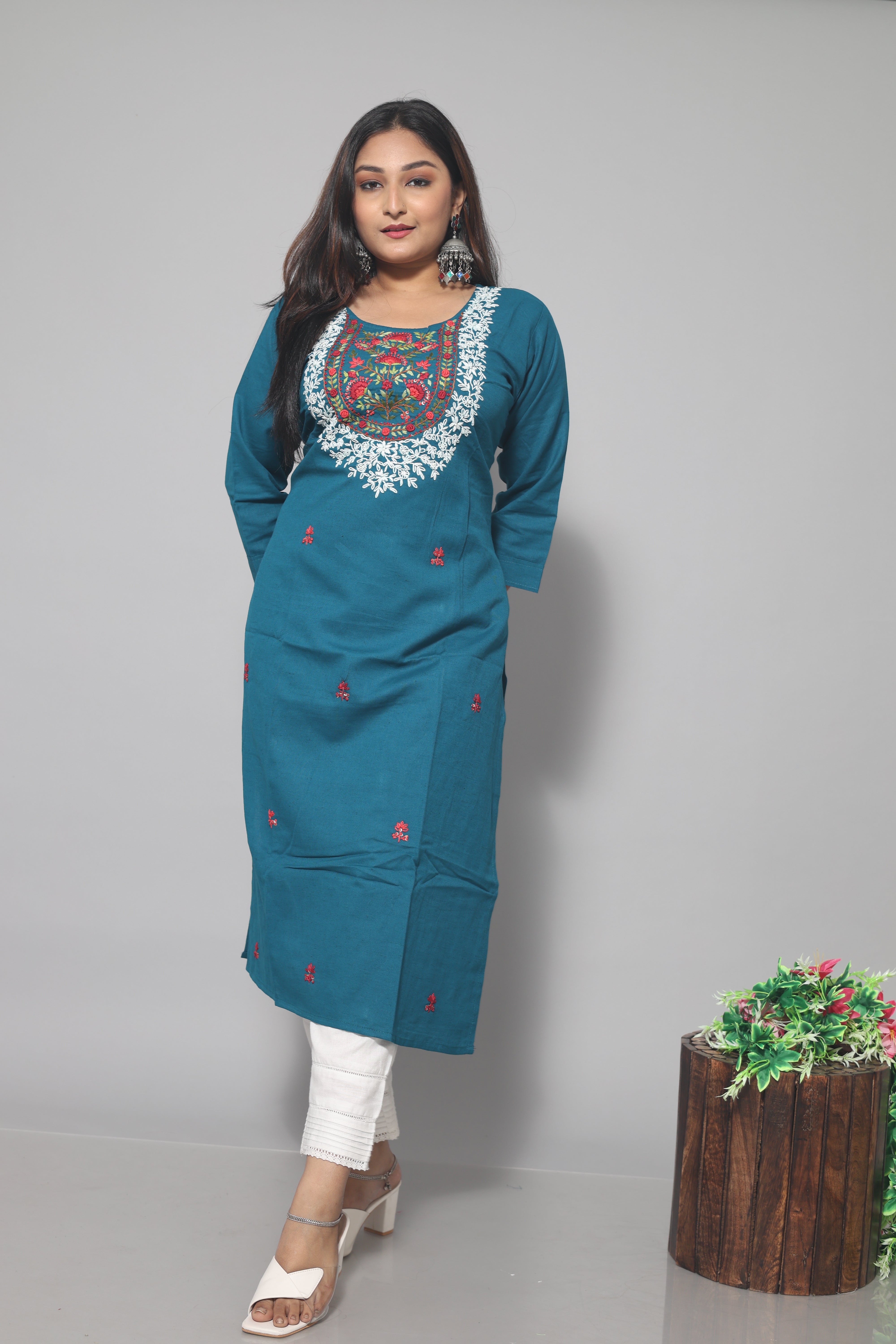 Turquoise blue cotton kurta with intricate handwork for women