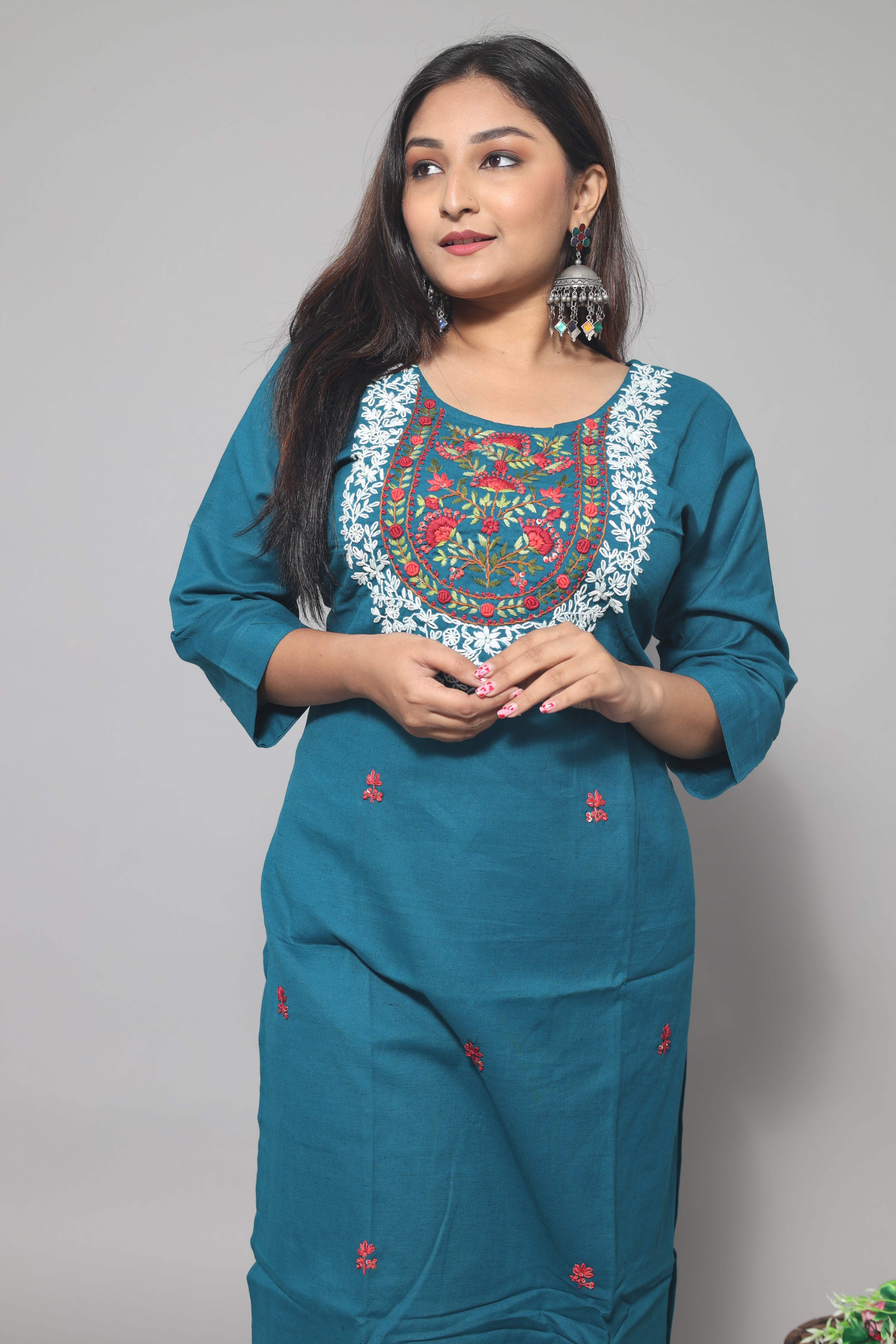 Turquoise Blue Cotton Handwork Kurta