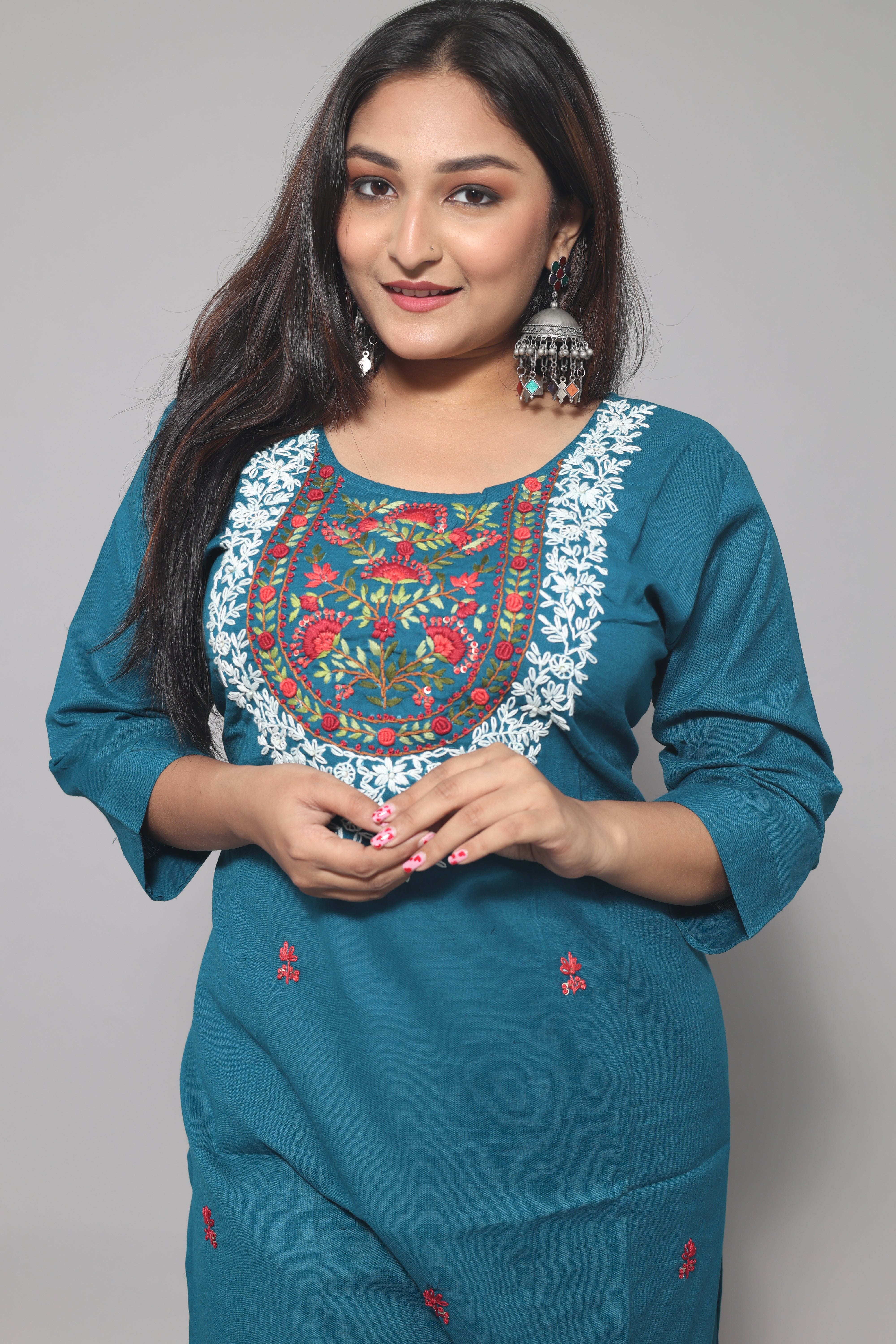 Turquoise Blue Cotton Handwork Kurta