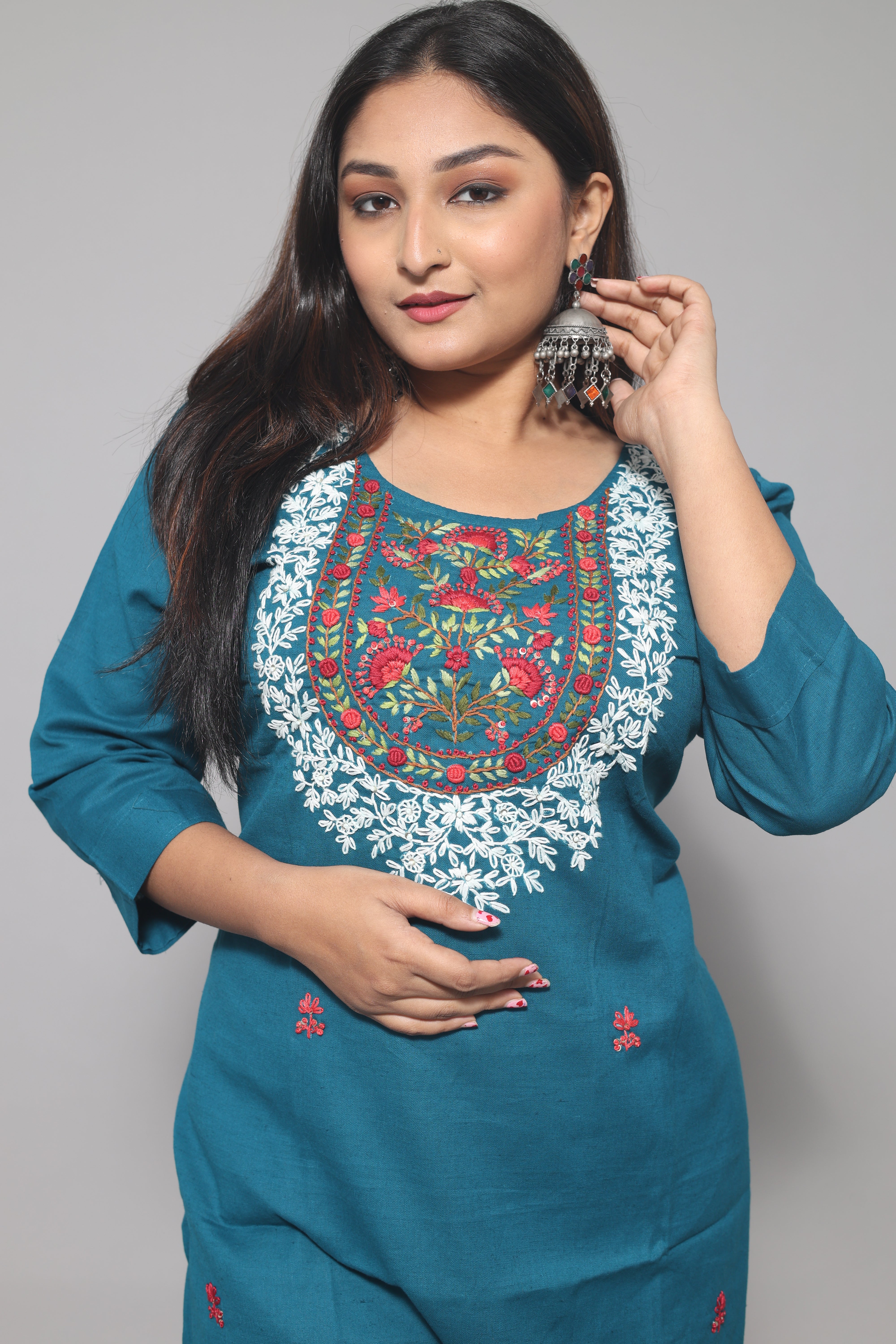 Turquoise Blue Cotton Handwork Kurta