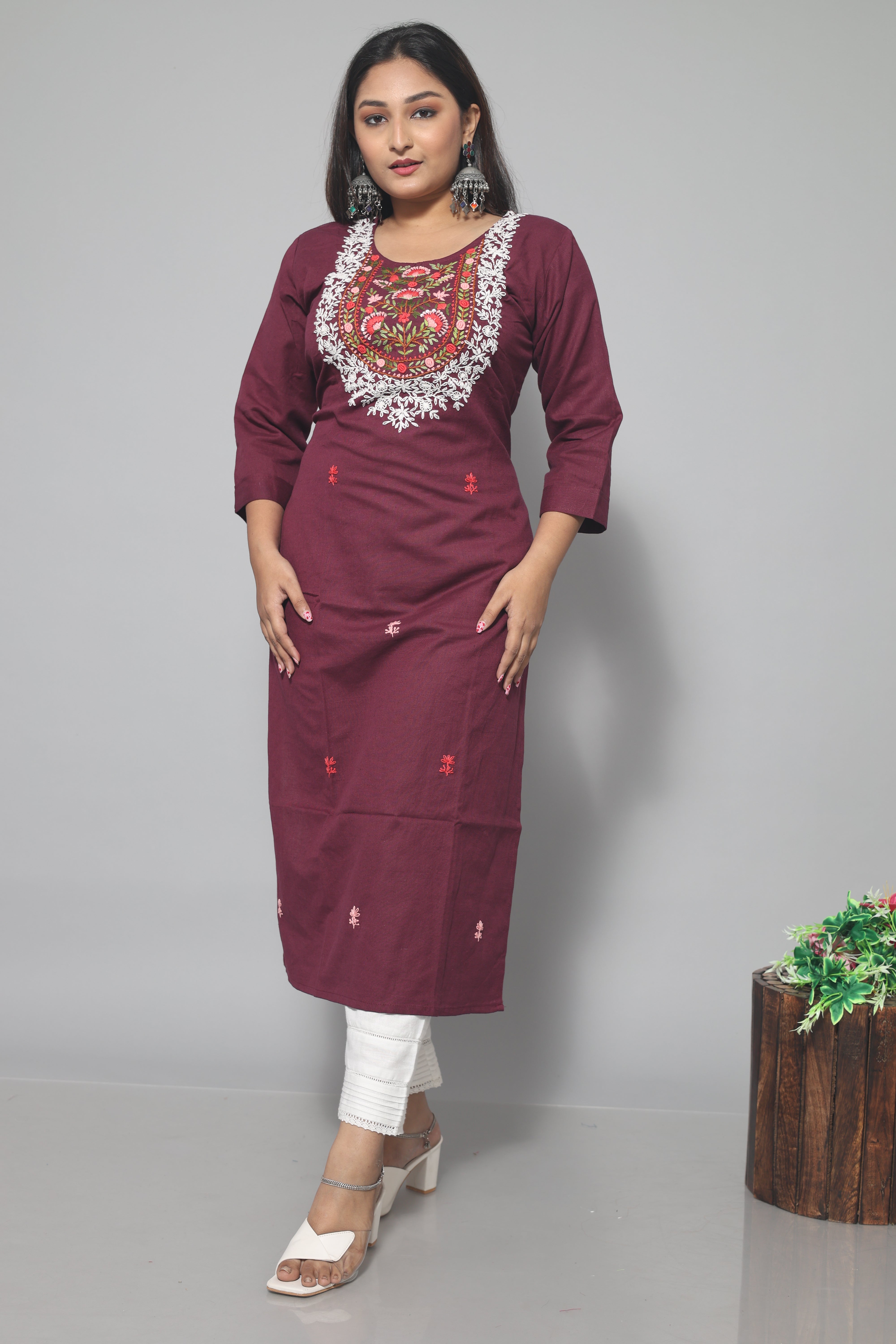 Wine Color Cotton Handwork Kurta