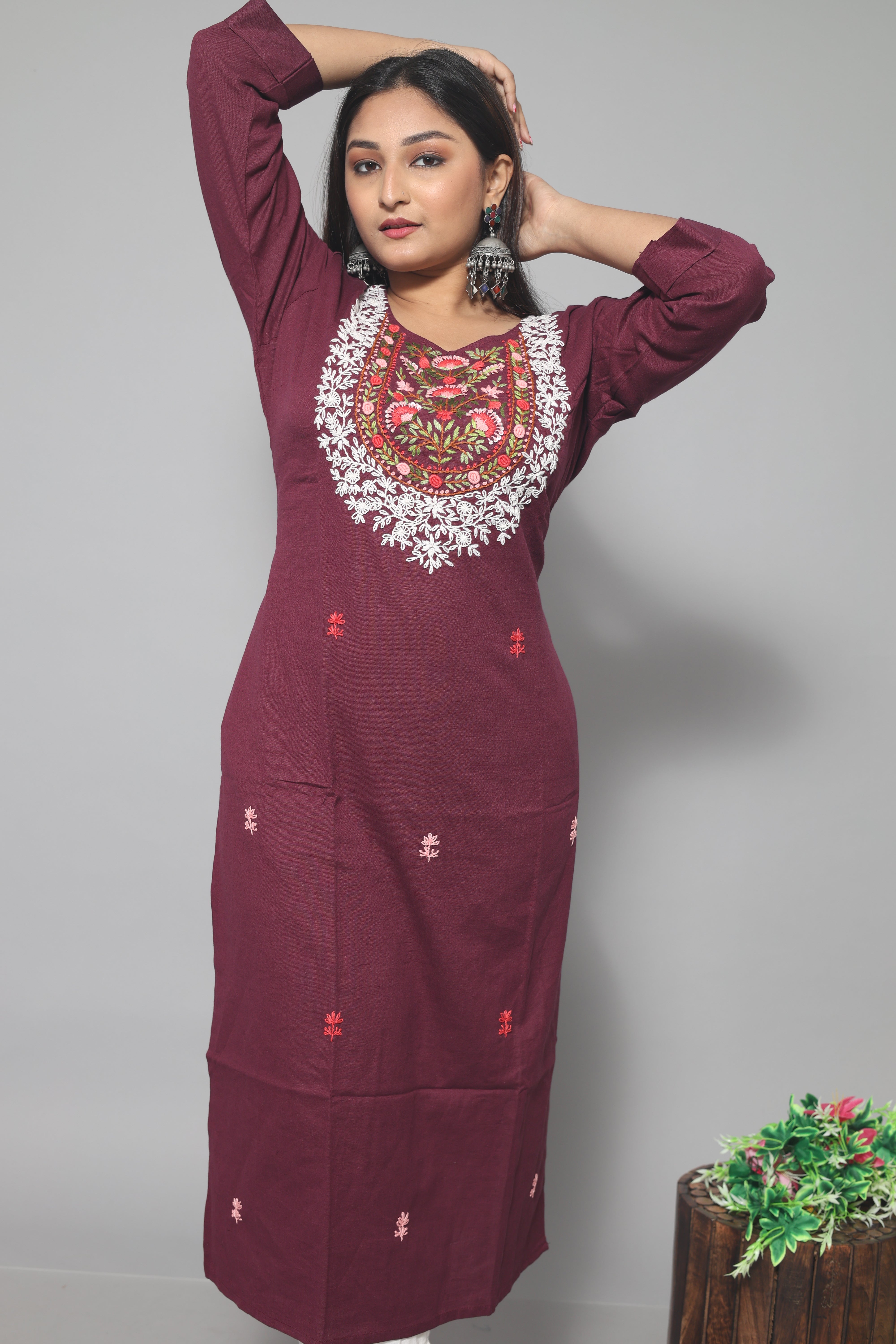 Wine Color Cotton Handwork Kurta