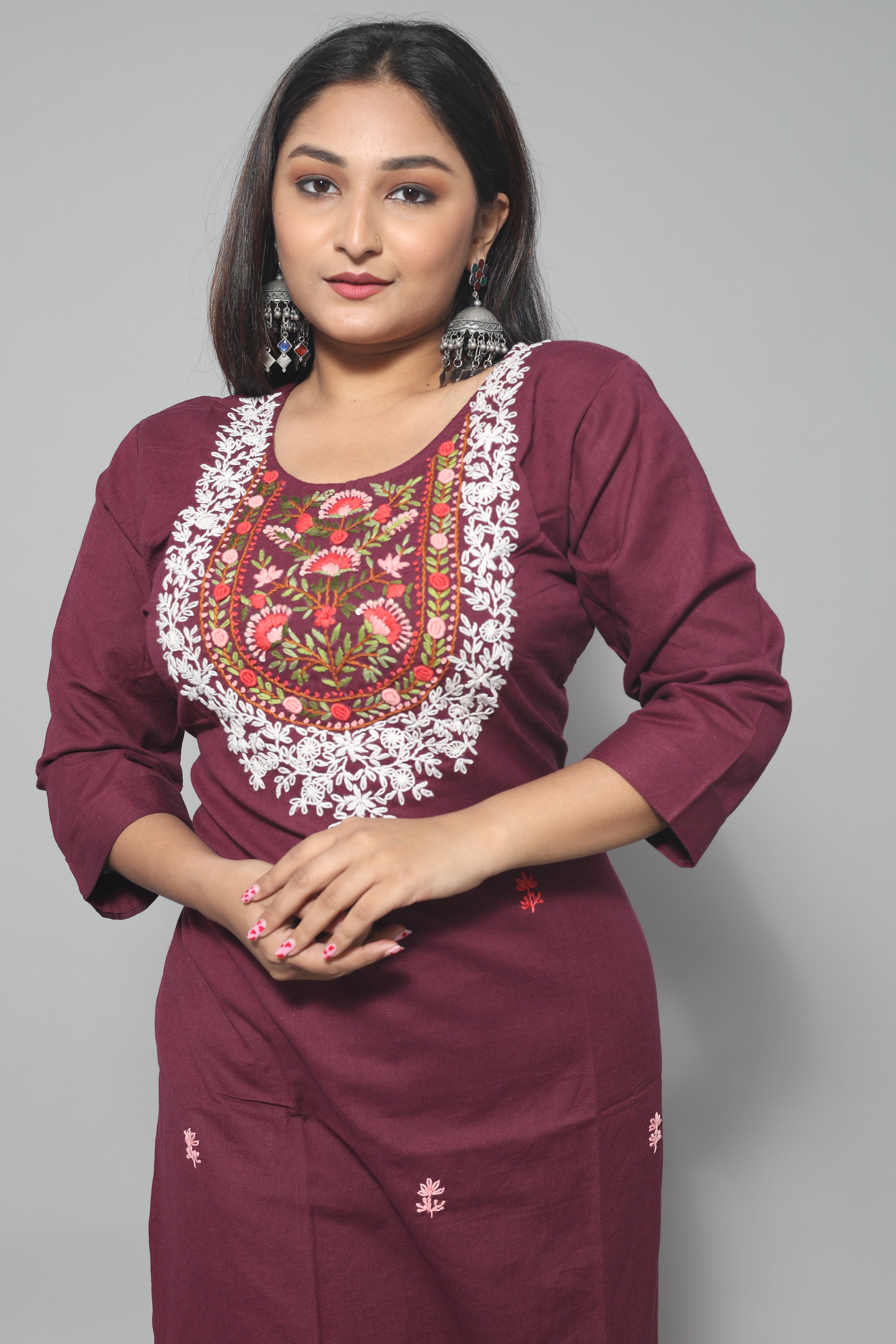 Wine Color Cotton Handwork Kurta