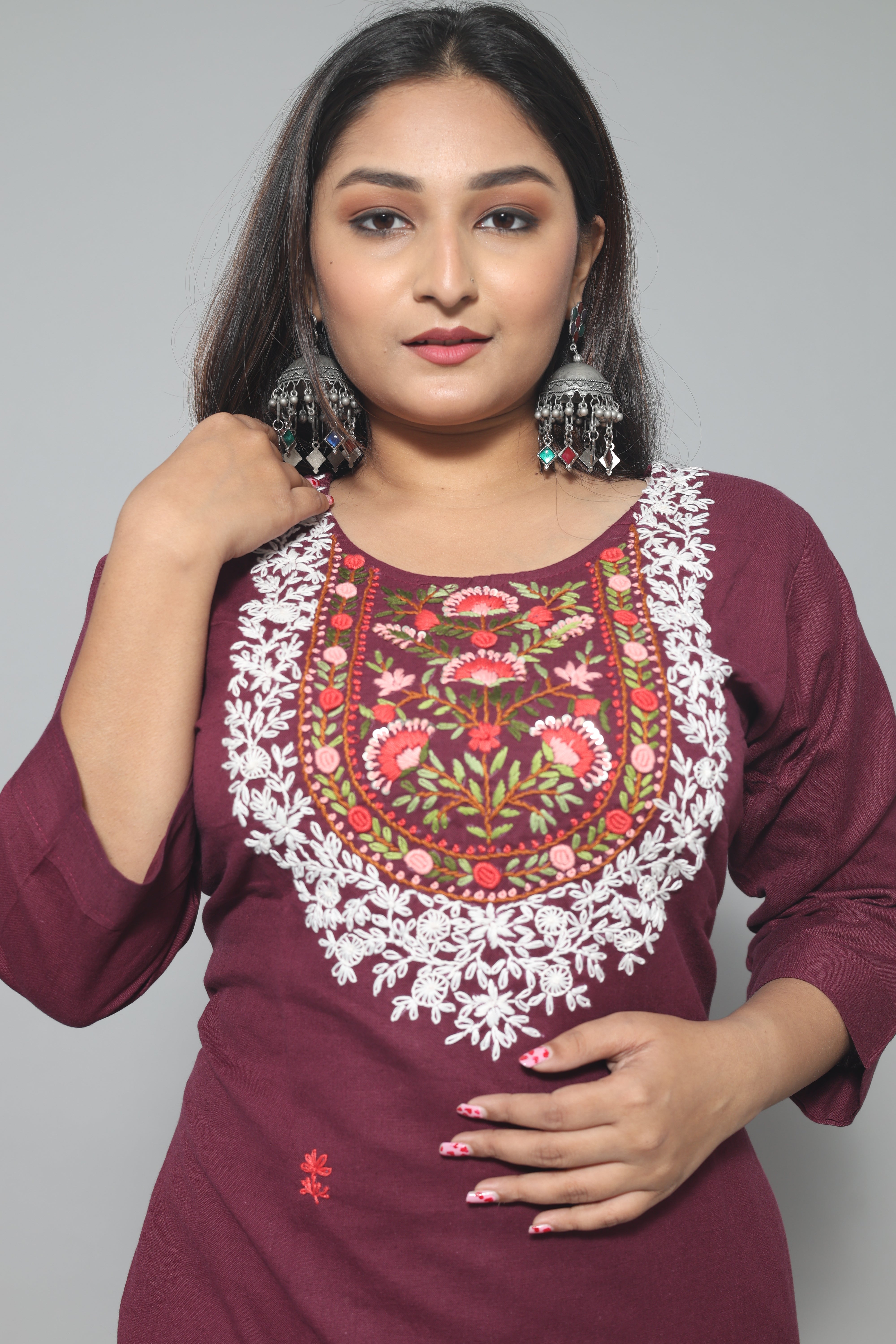 Wine Color Cotton Handwork Kurta