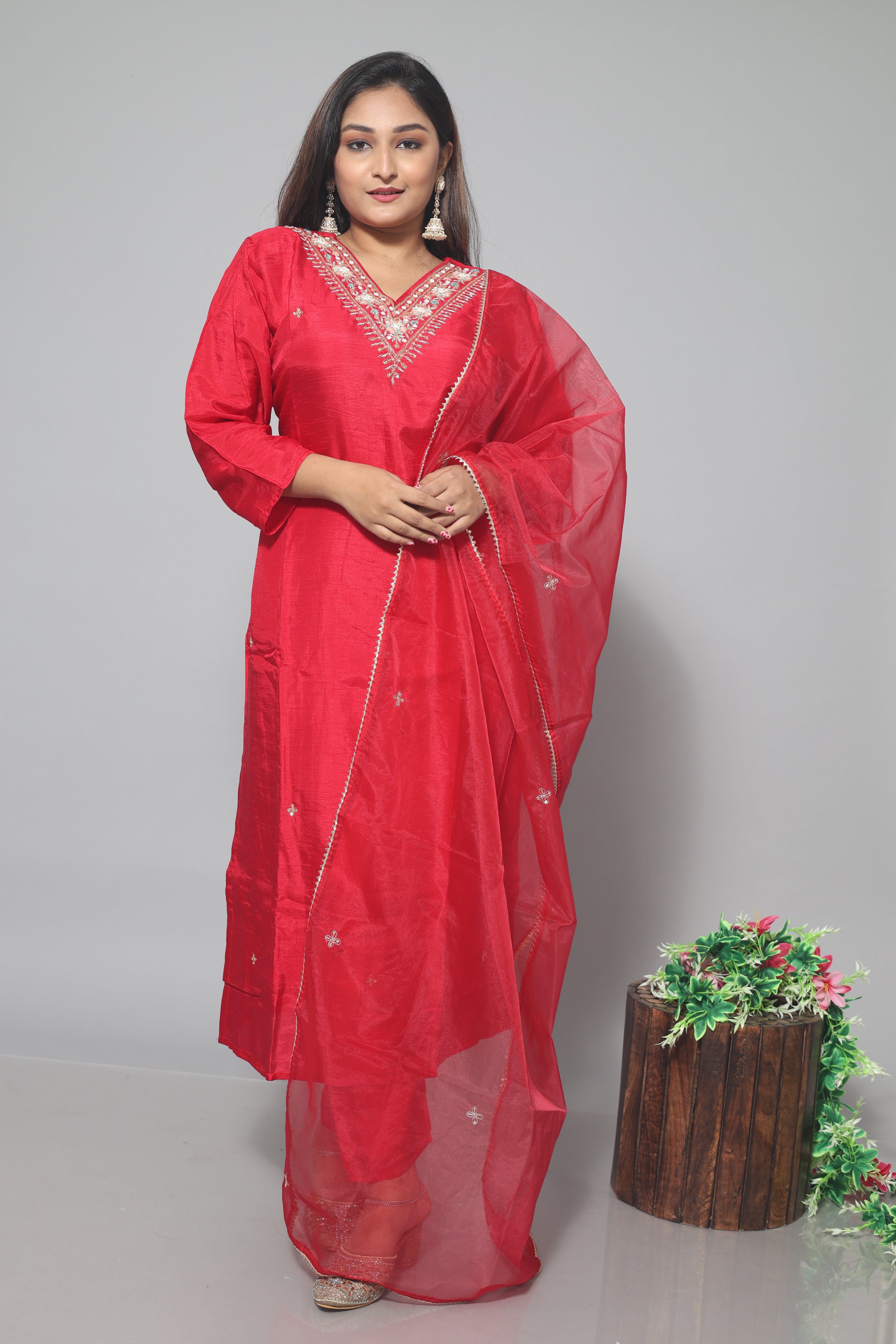 Red Dola Silk Handwork Suit Set