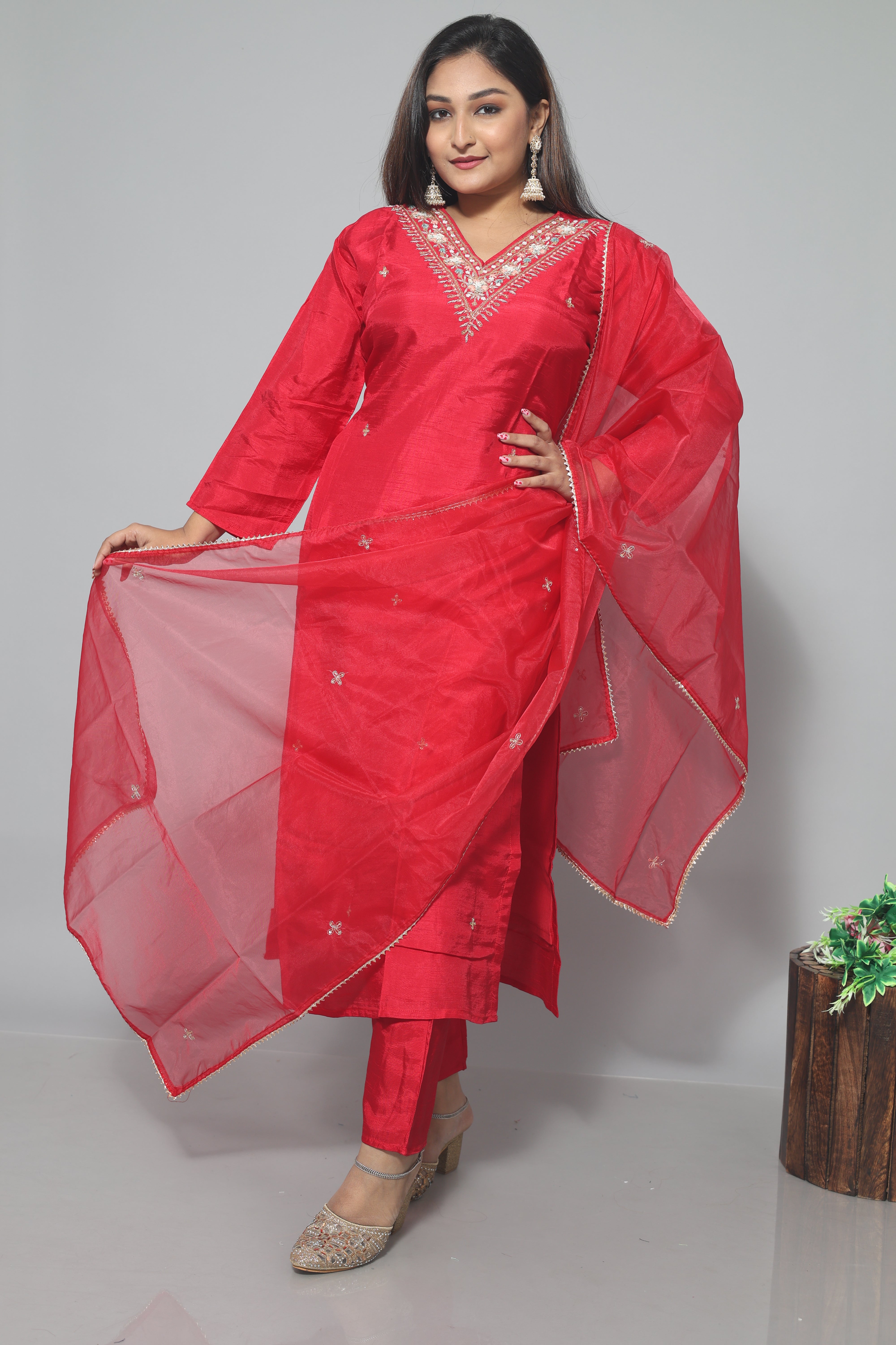 Red Dola Silk Handwork Suit Set