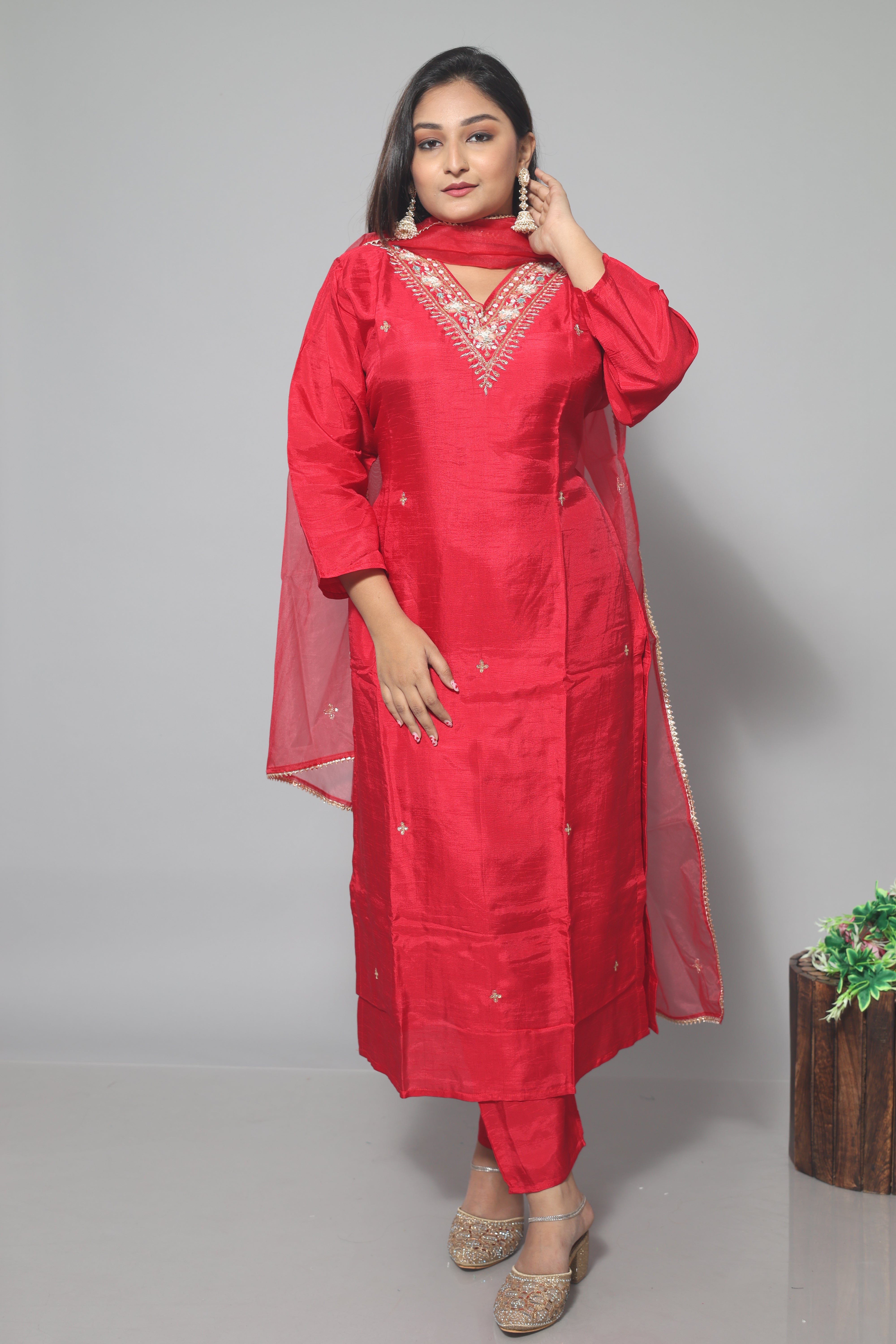 Red Dola Silk Handwork Suit Set