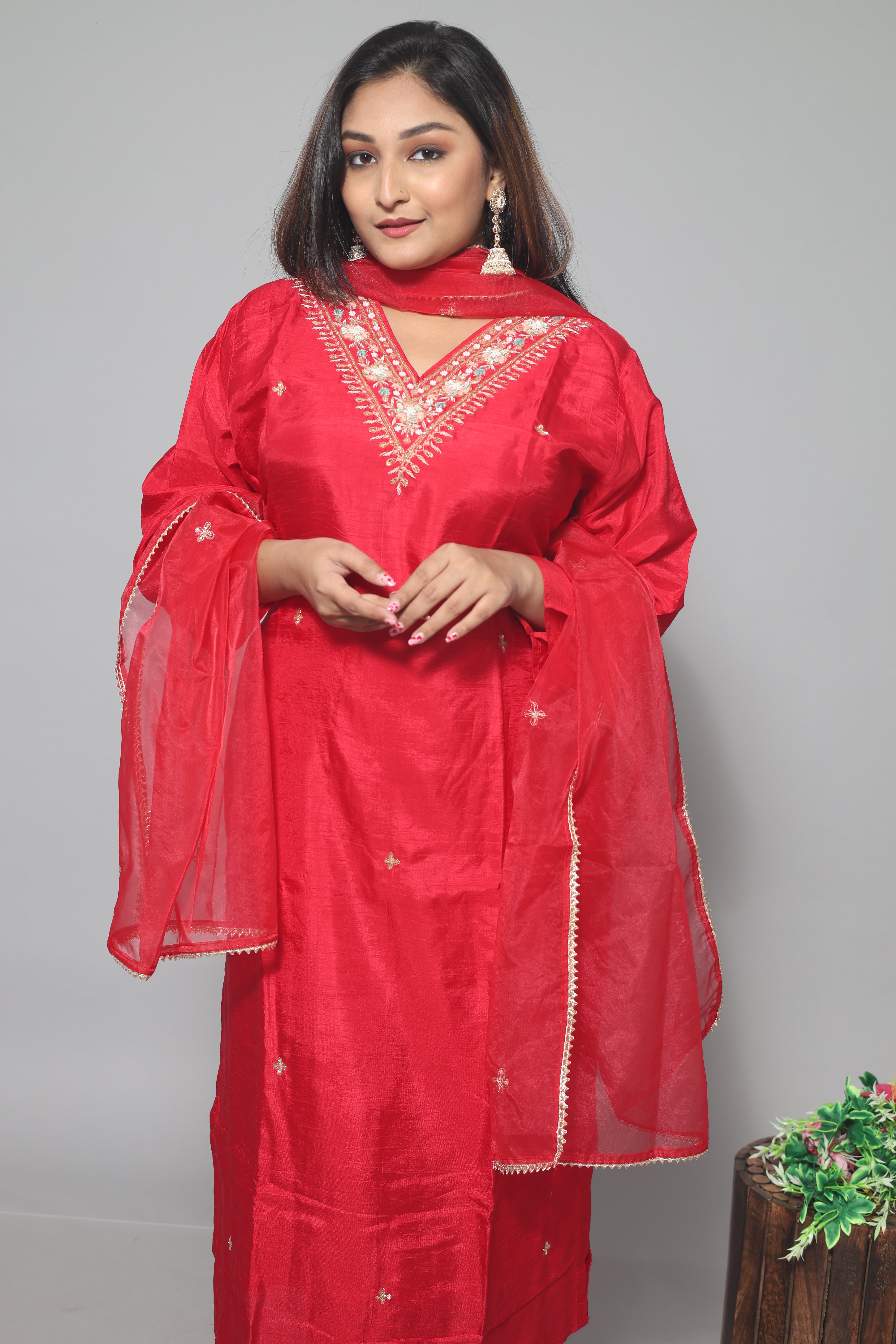 Red Dola Silk Handwork Suit Set