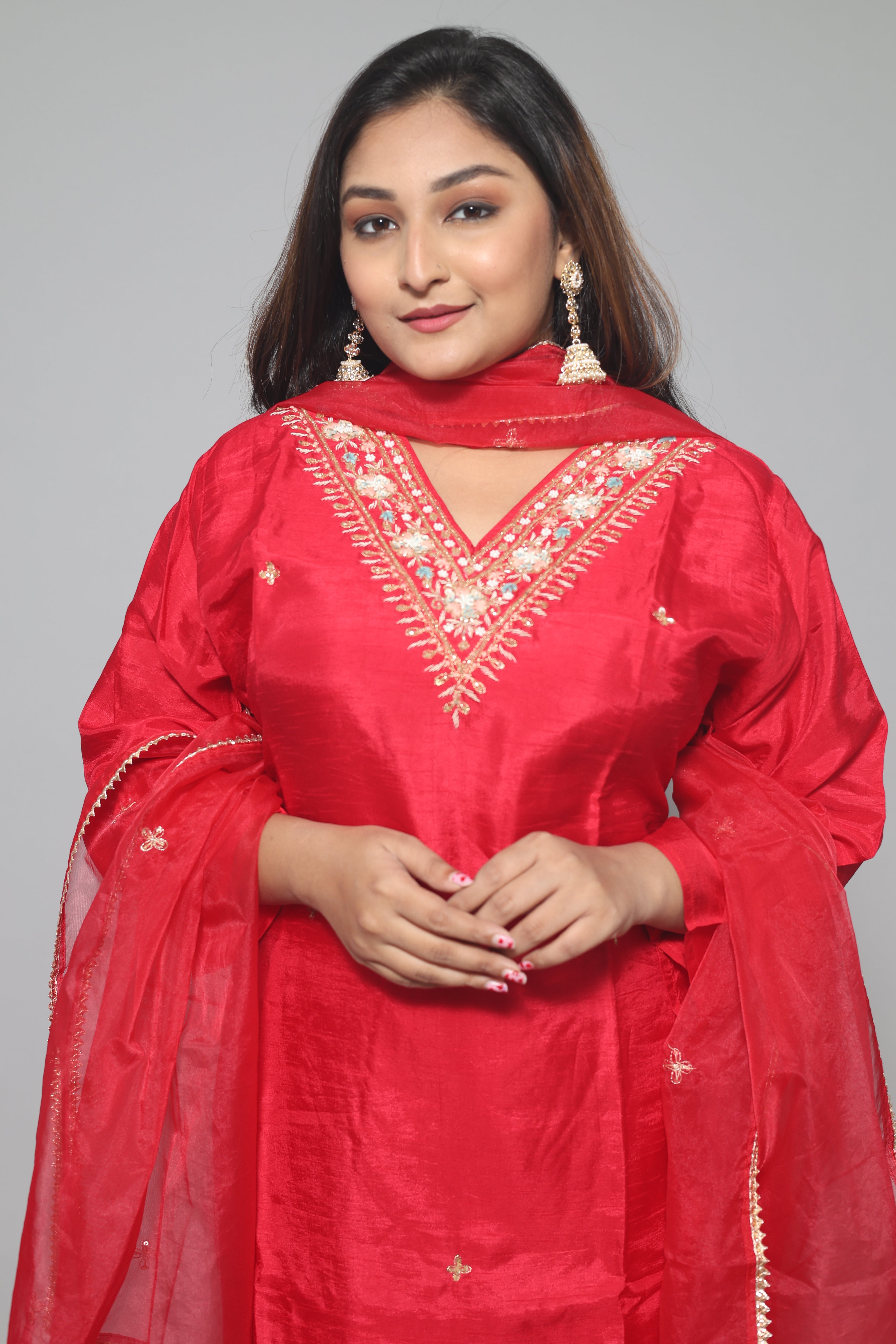 Red Dola Silk Handwork Suit Set