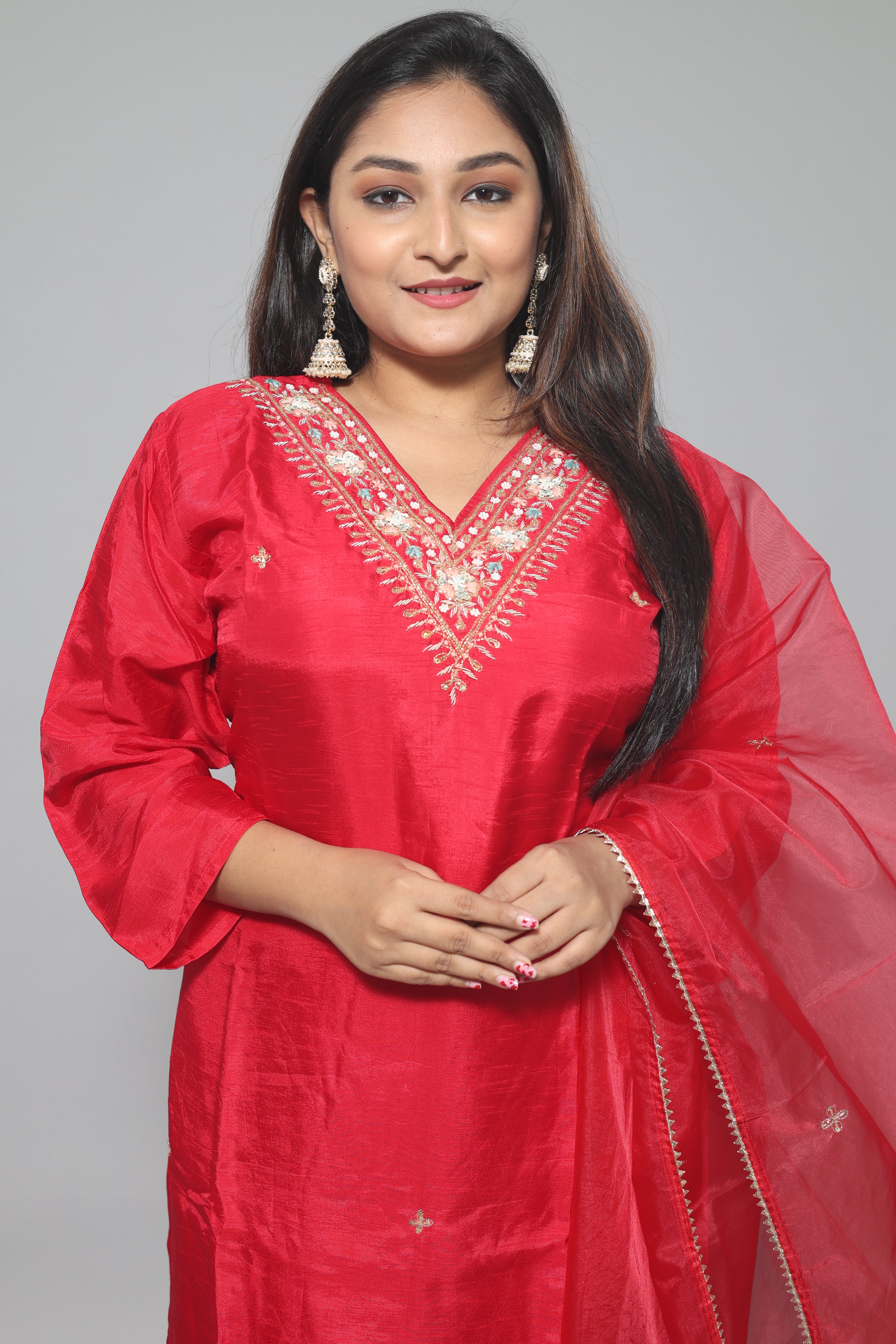 Red Dola Silk Handwork Suit Set