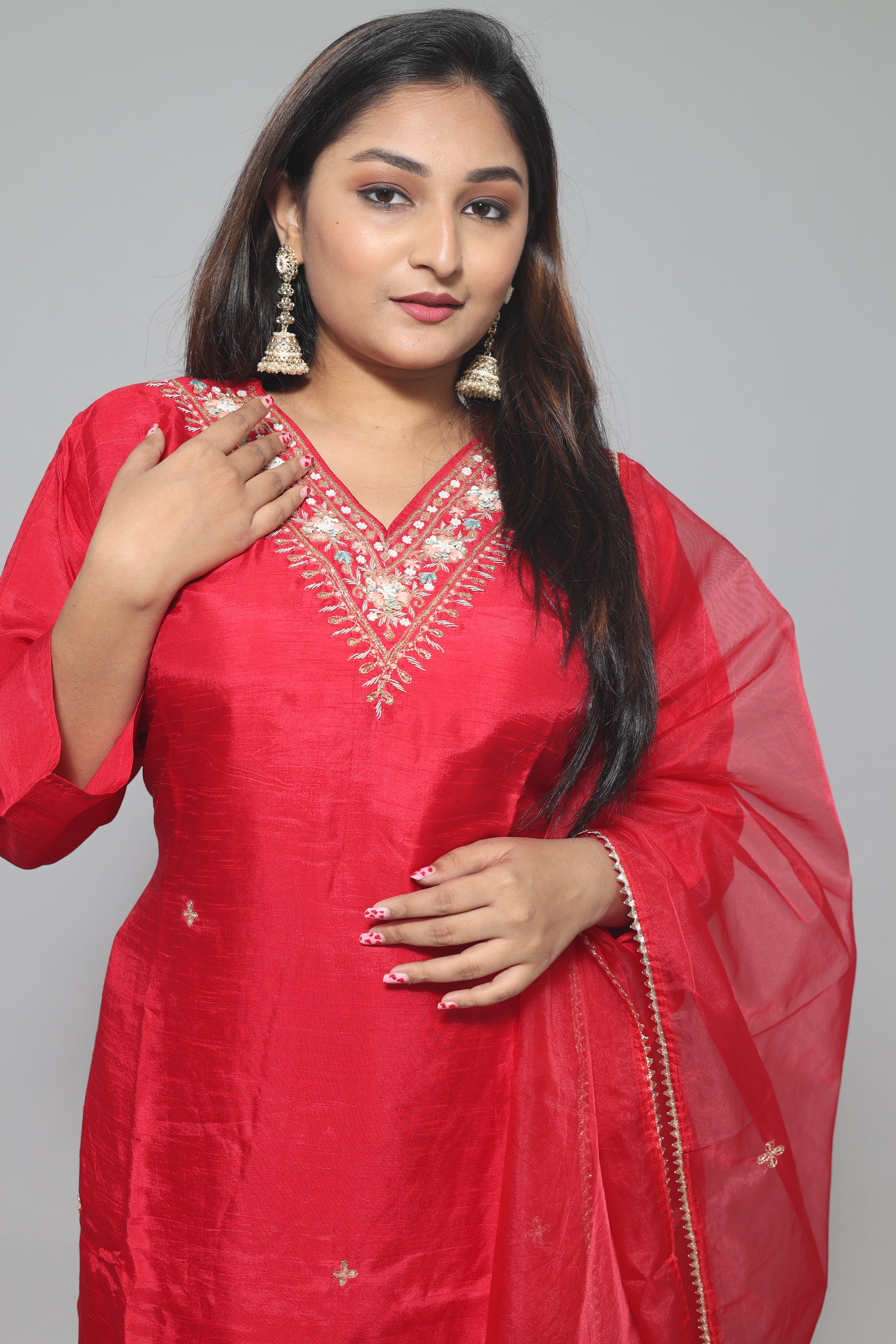 Red Dola Silk Handwork Suit Set