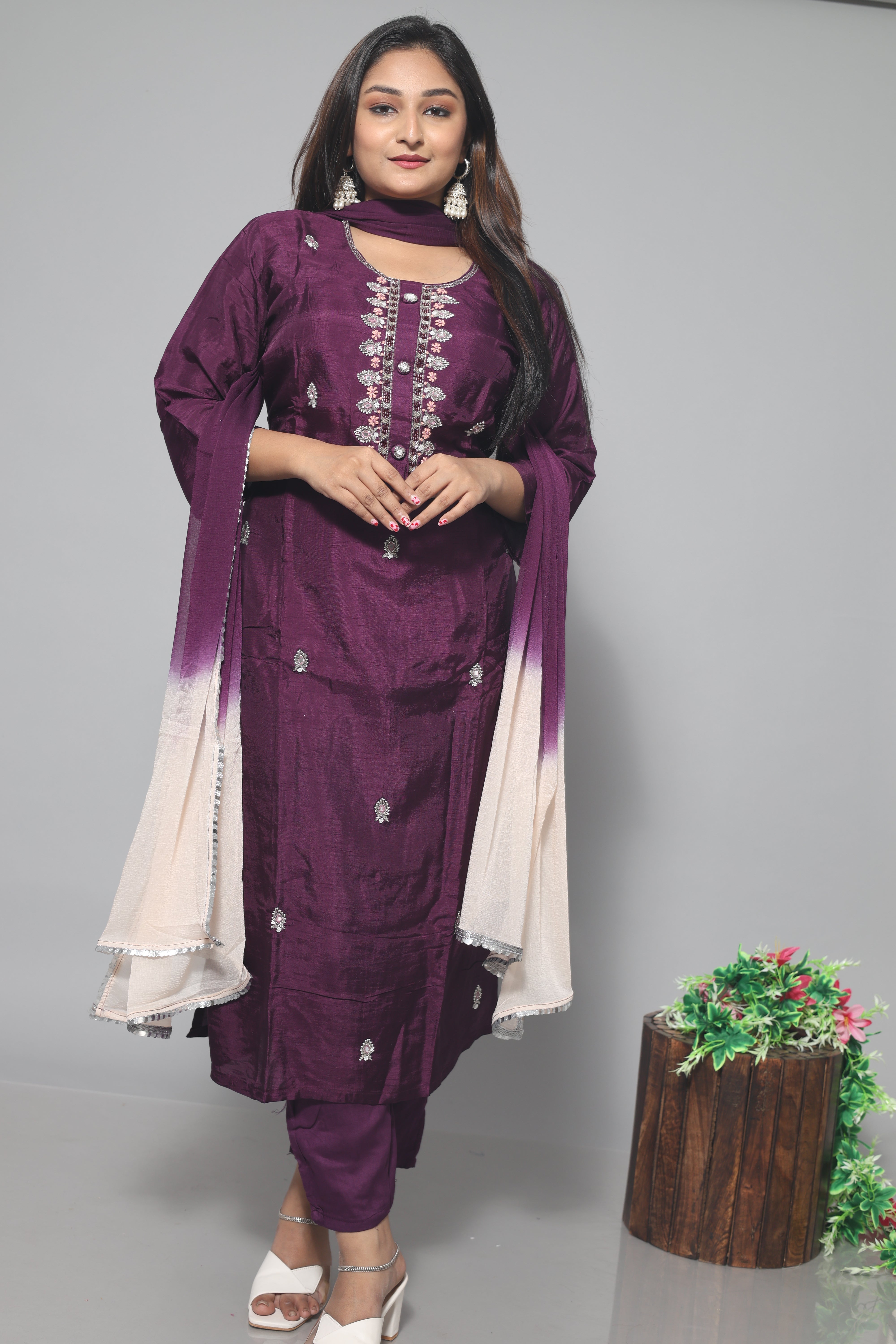 Dark Purple Dola Silk Handwork Suit Set
