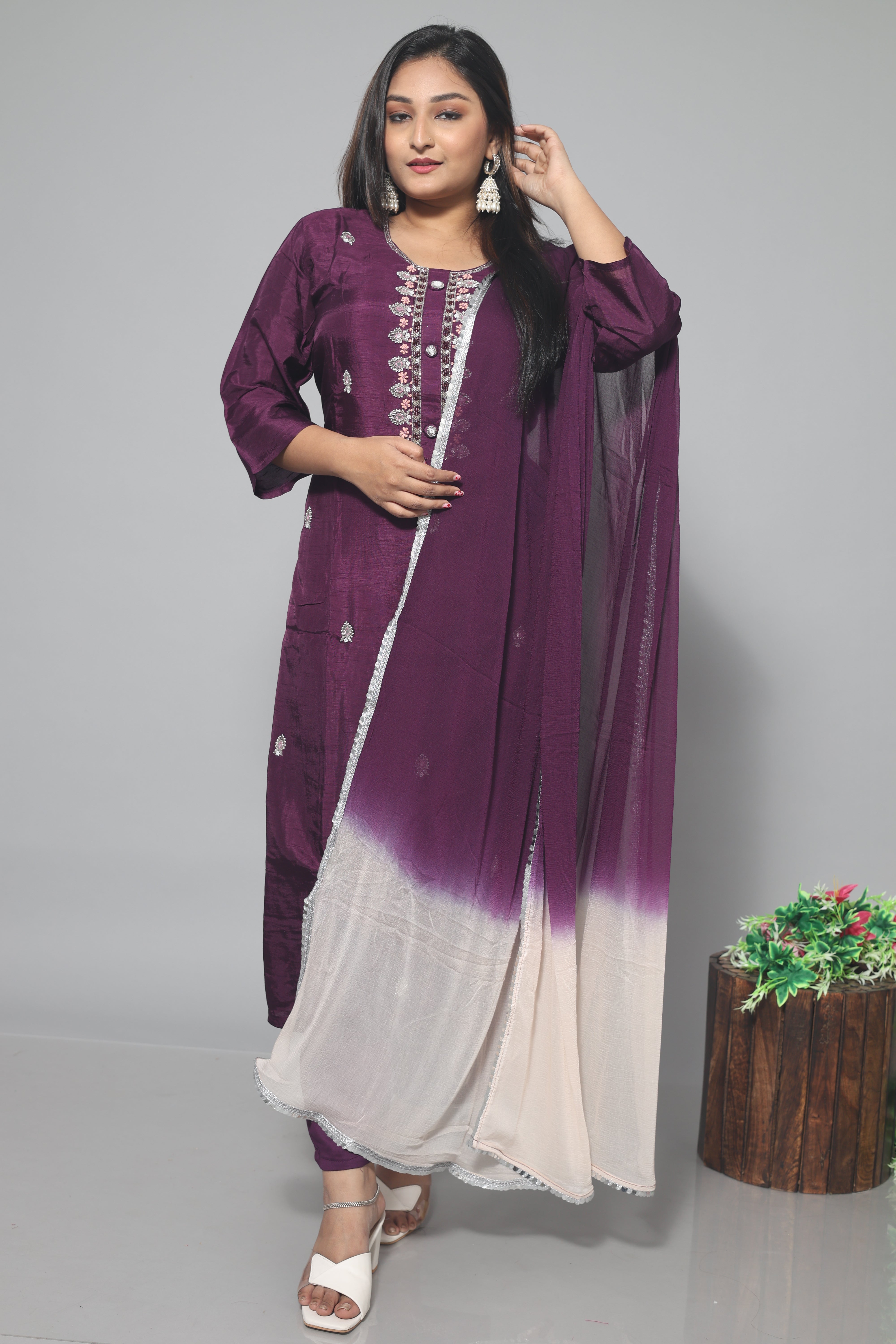 Dark Purple Dola Silk Handwork Suit Set