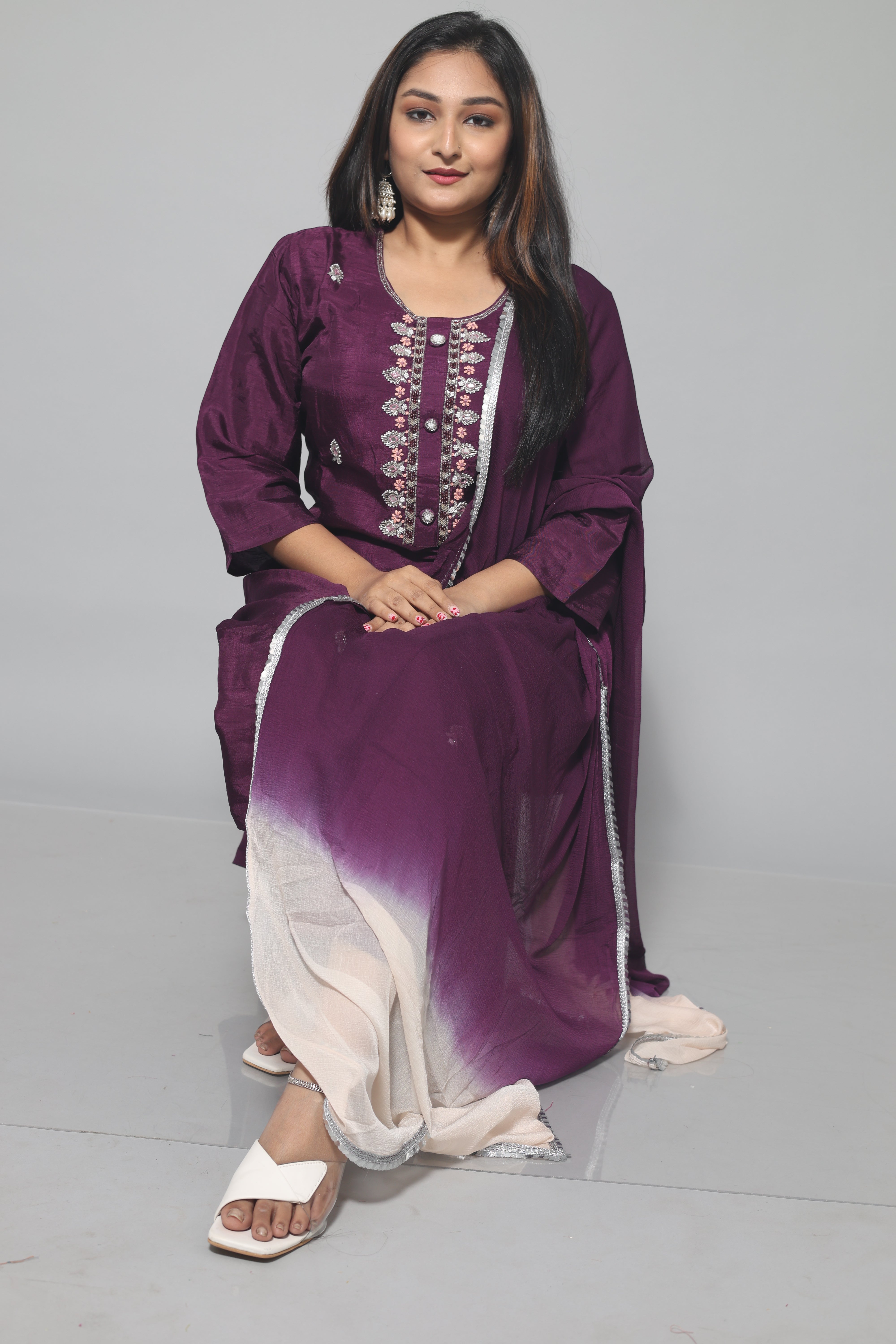 Dark Purple Dola Silk Handwork Suit Set
