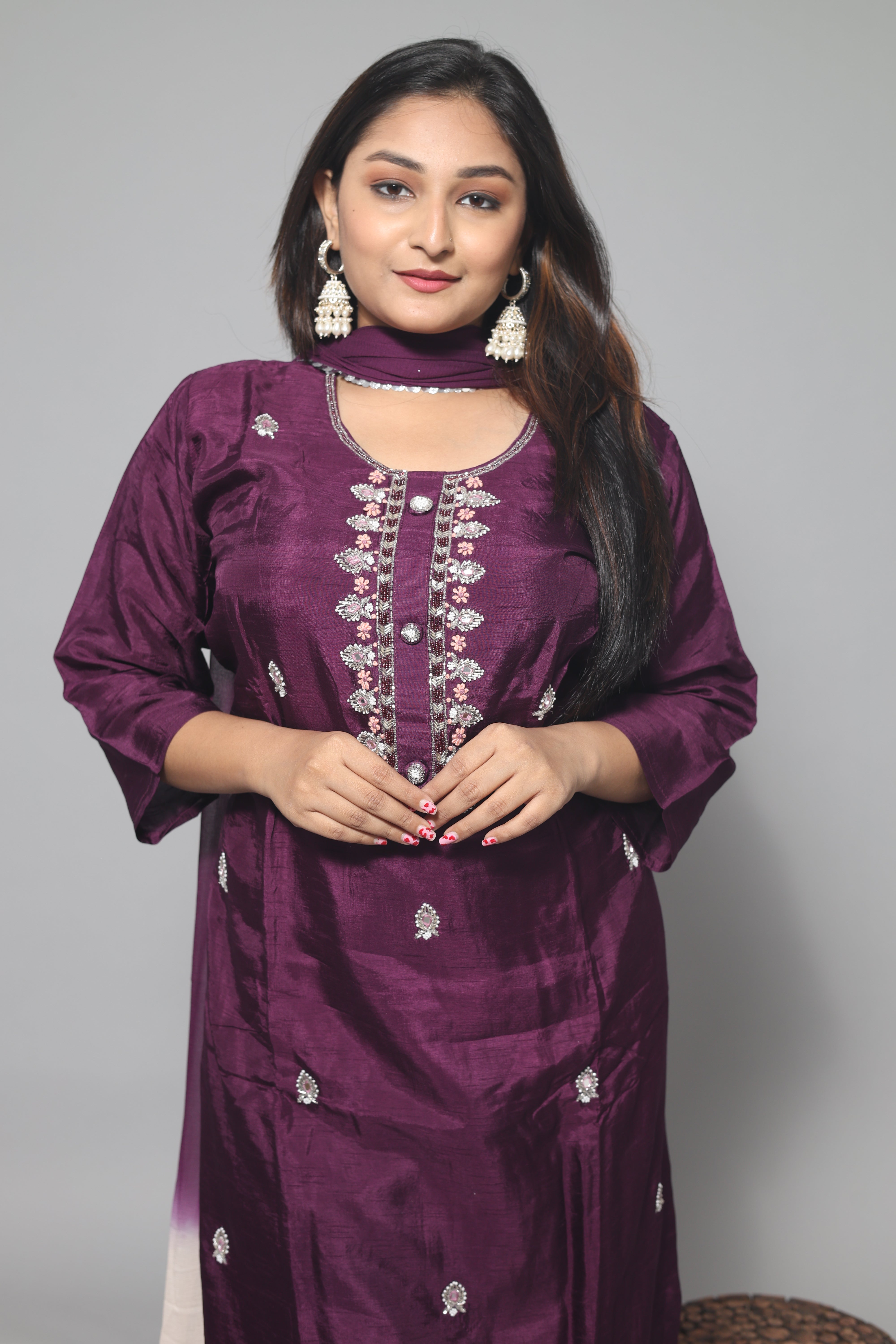 Dark Purple Dola Silk Handwork Suit Set
