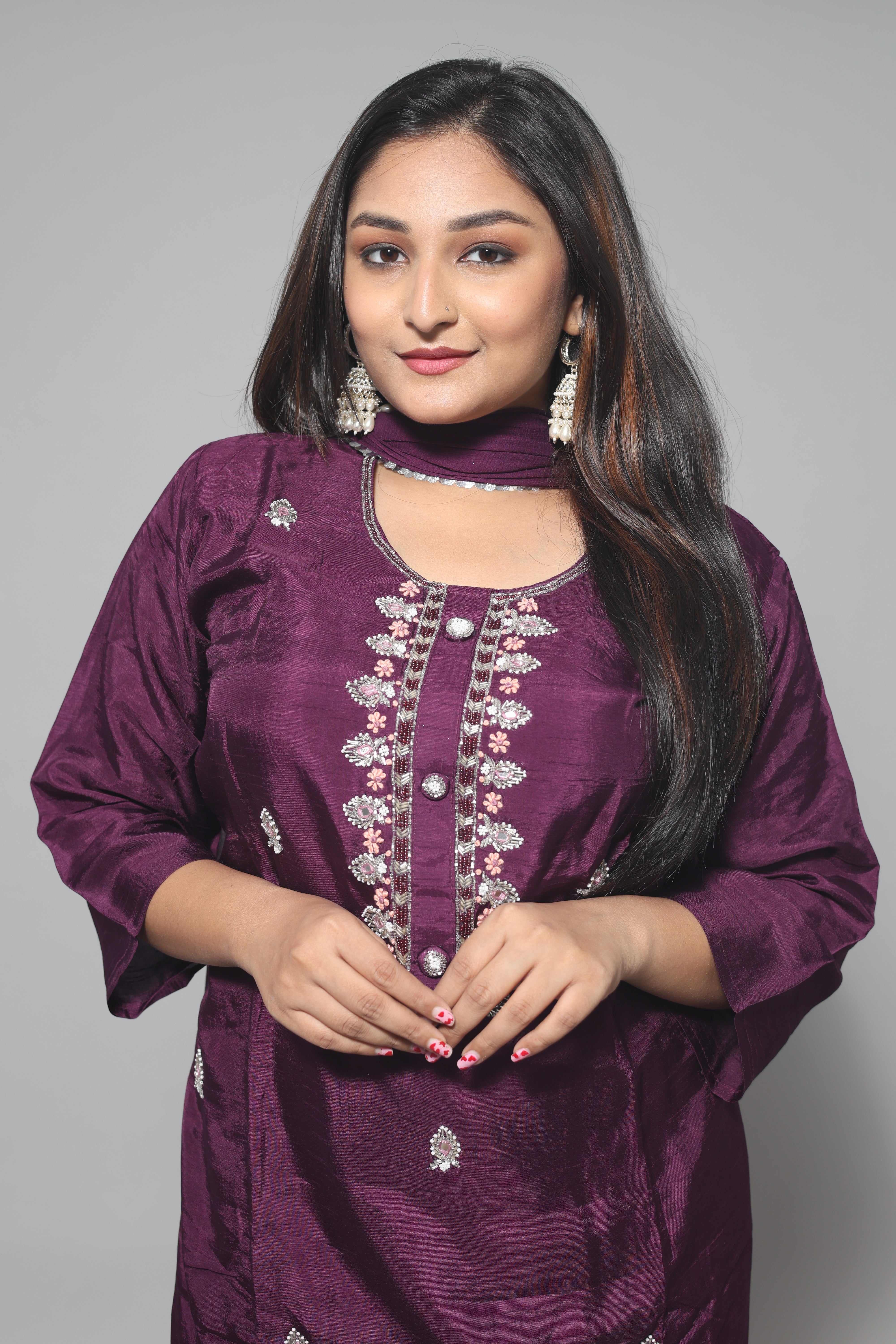 Dark Purple Dola Silk Handwork Suit Set