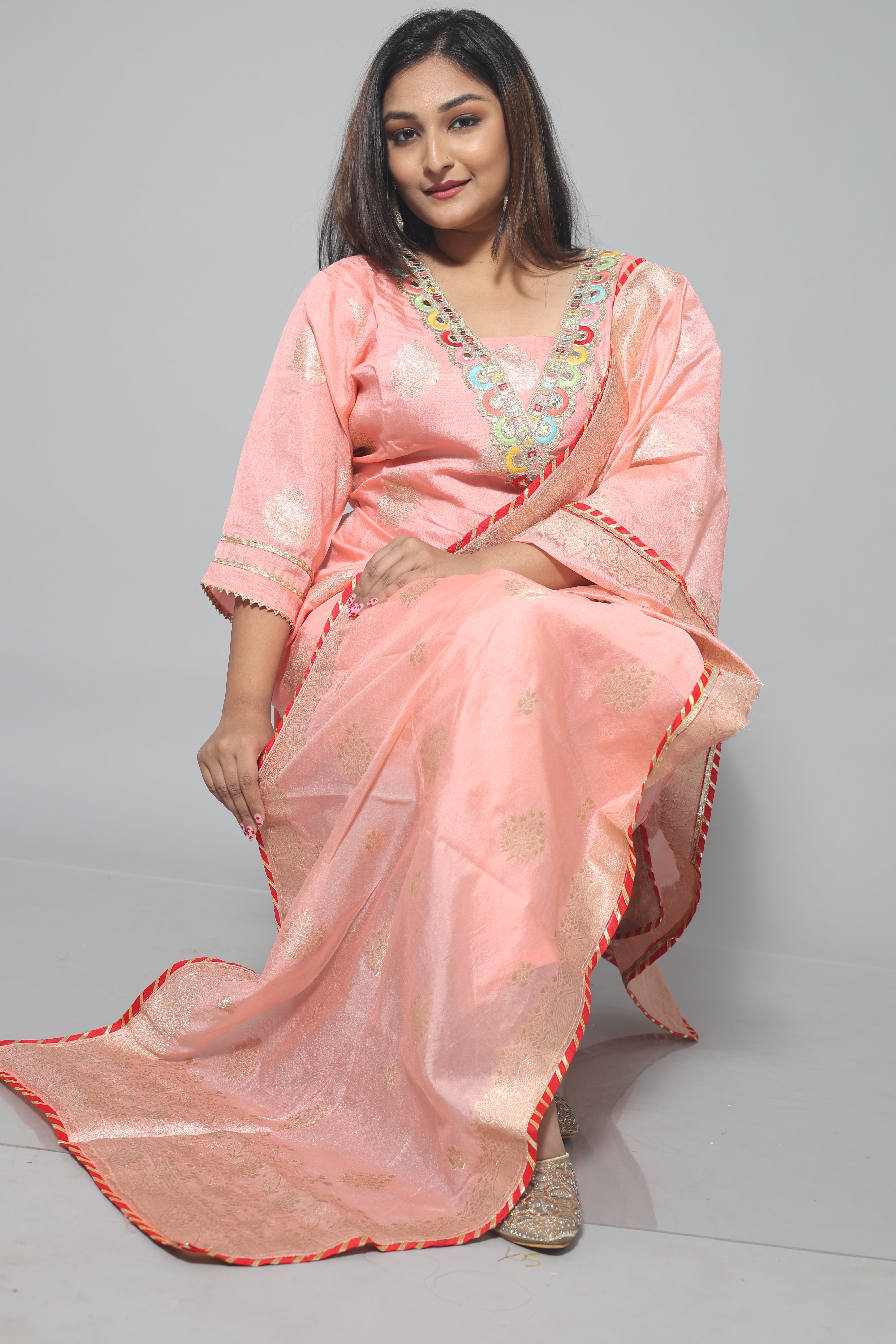 Peach Color Dola Silk Hand Embroidery Suit Set