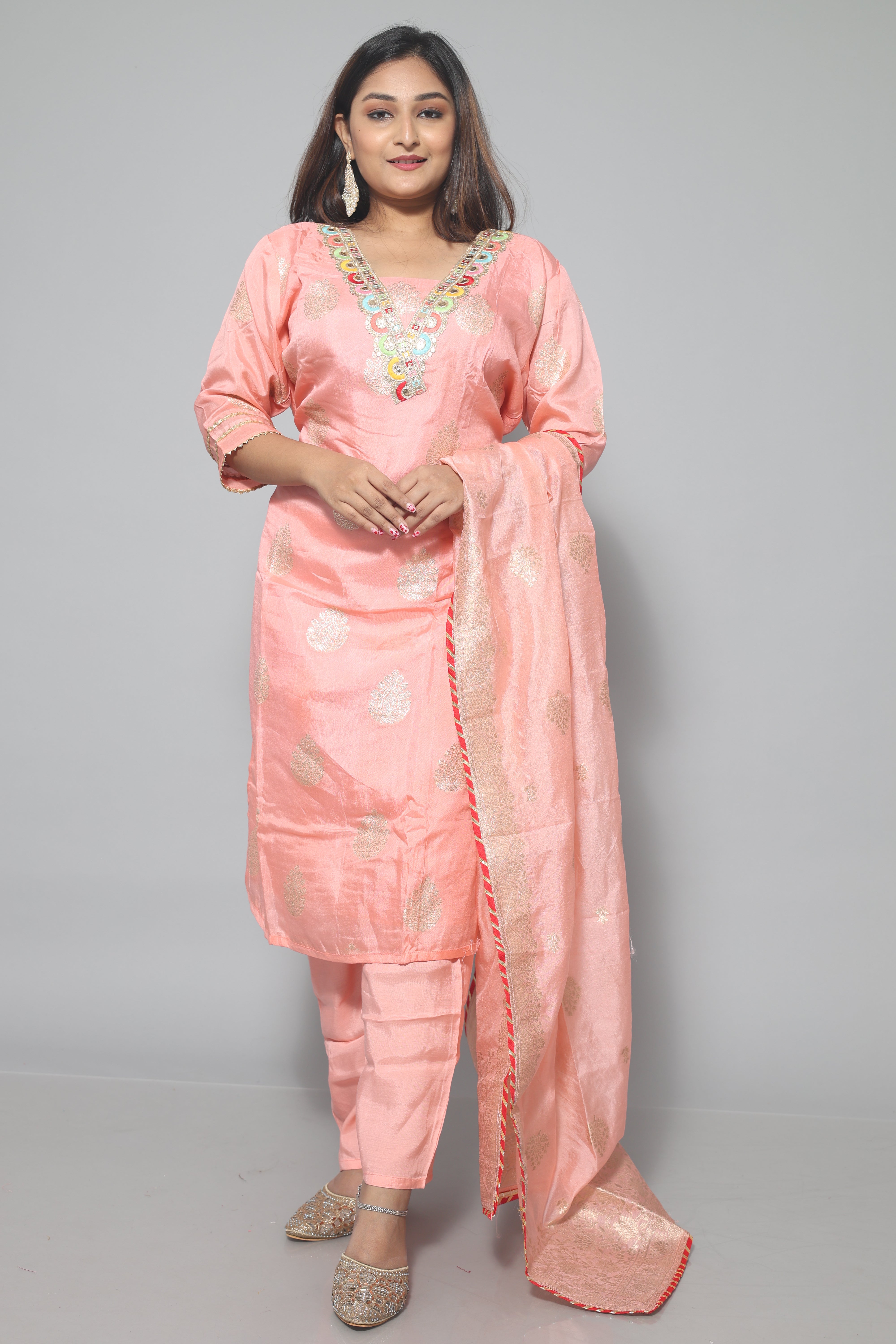 Peach Color Dola Silk Hand Embroidery Suit Set