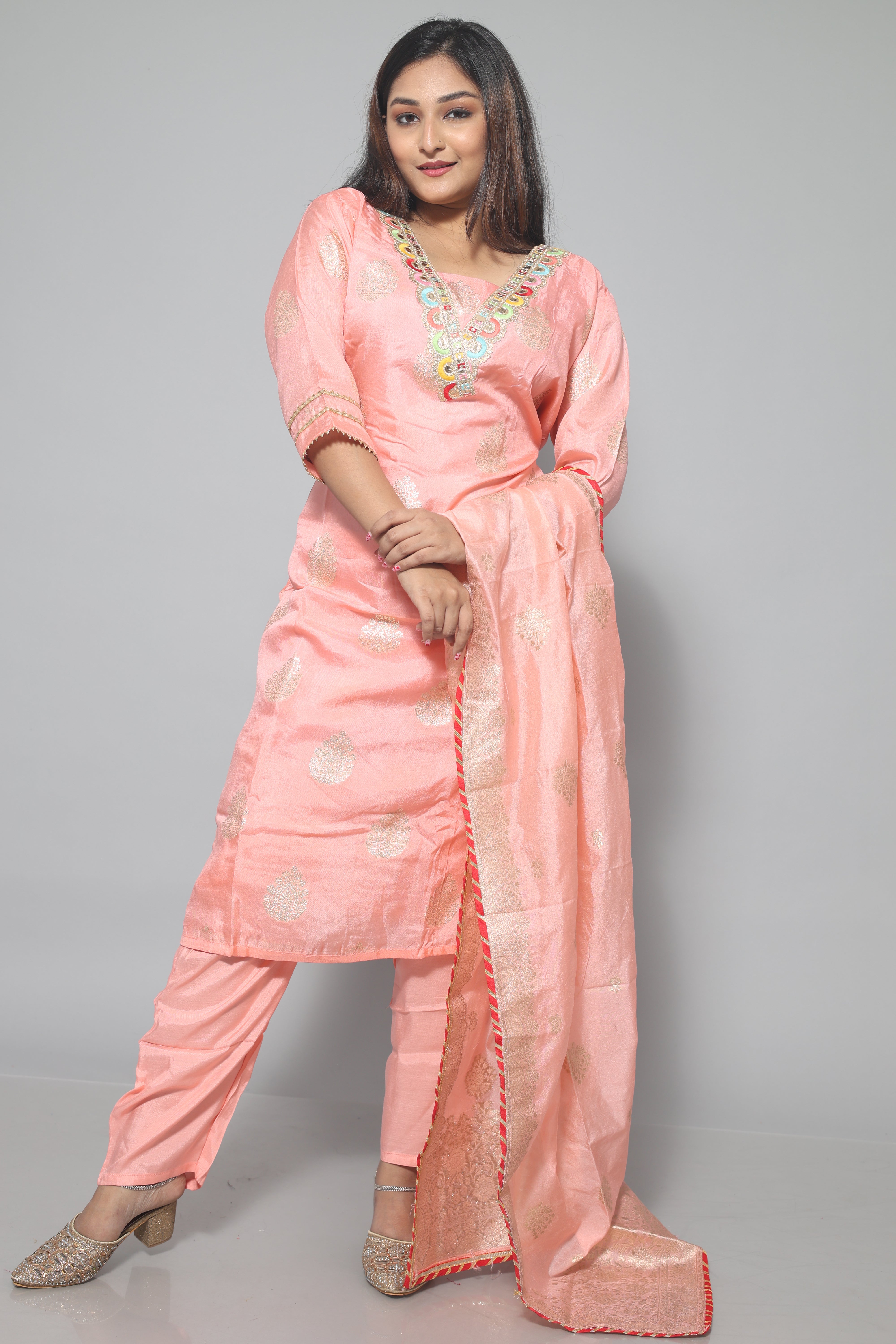 Peach Color Dola Silk Hand Embroidery Suit Set