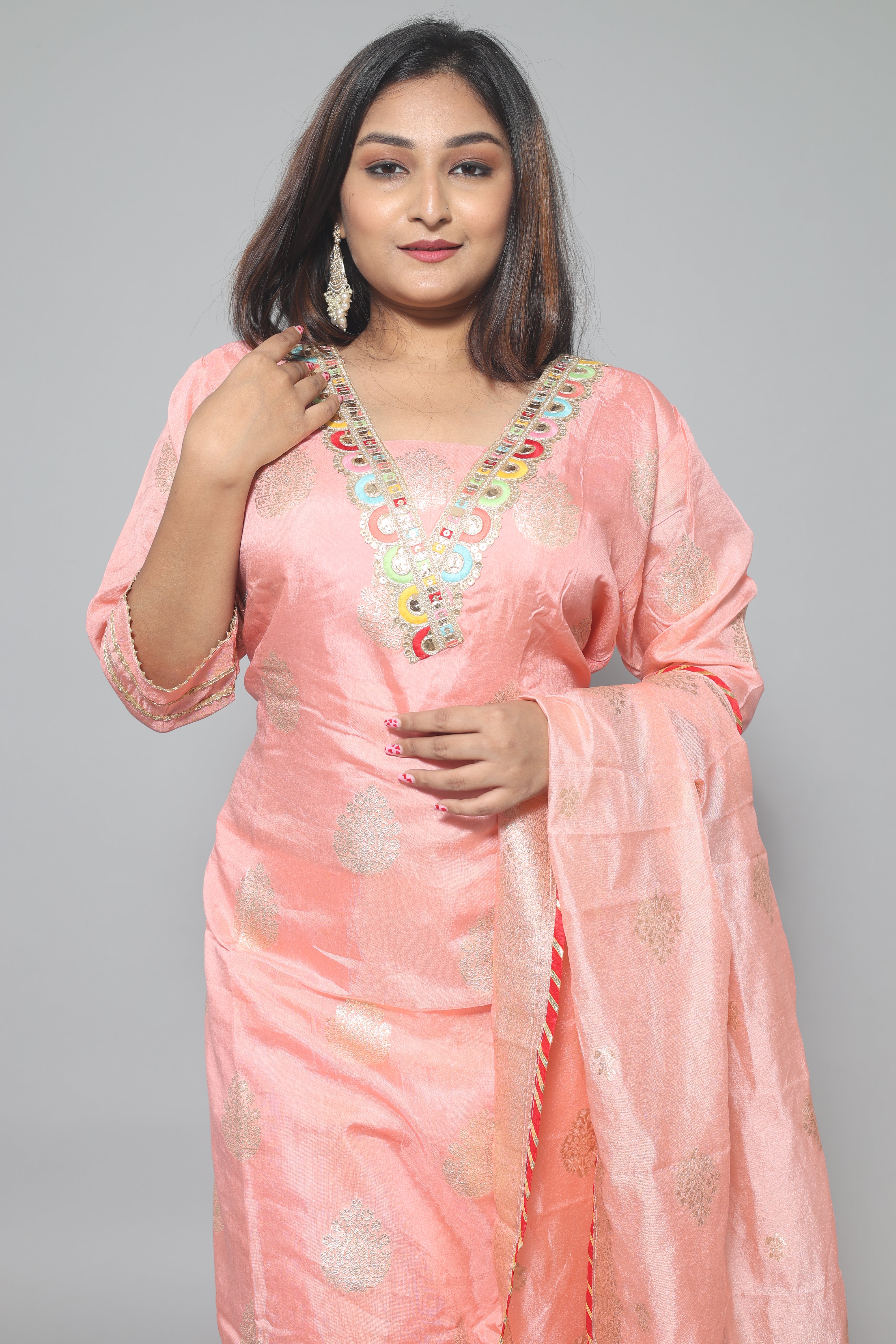 Peach Color Dola Silk Hand Embroidery Suit Set