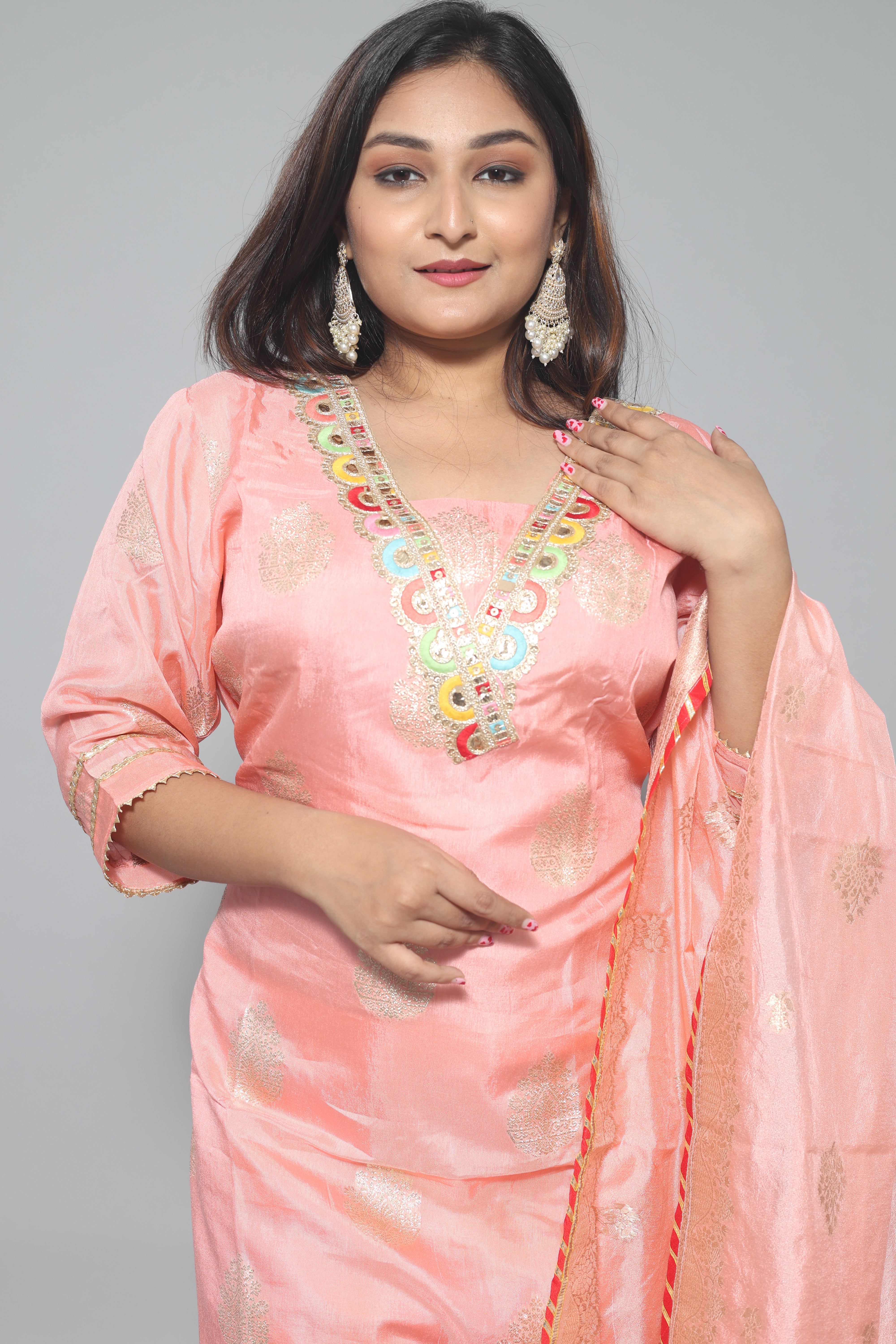 Peach Color Dola Silk Hand Embroidery Suit Set